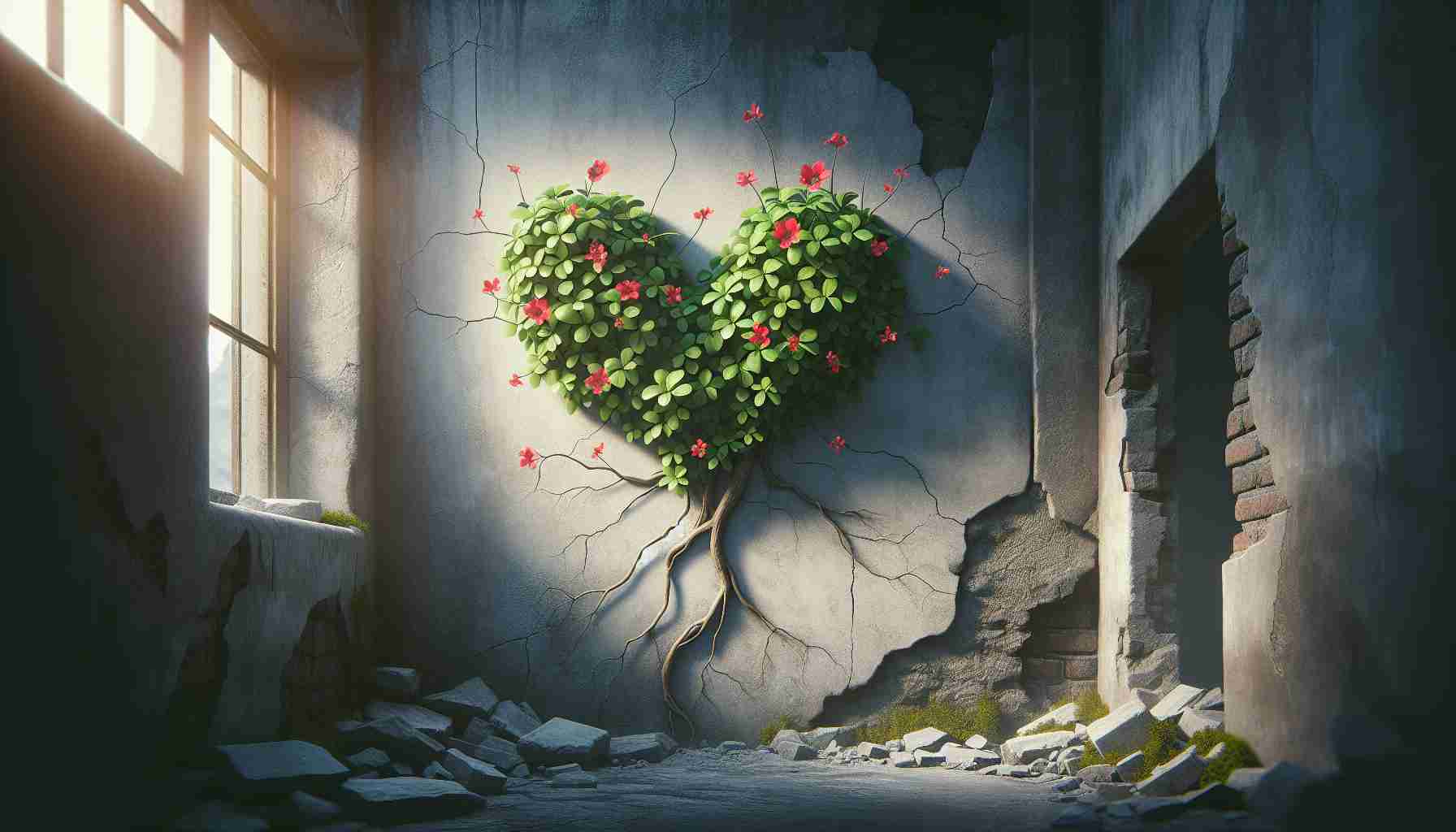 A high definition, realistic image representing the concept of love blossoming in unexpected places. Picture an old, deserted building, cold and unfriendly. Suddenly, in the corner of the cracked wall, a little heart-shaped plant with lush green leaves and bright red flowers has grown, flourishing against all odds. The unexpected growth introduces a burst of warmth and life into the setting, a beautiful symbol of love emerging in the most unlikely landscapes.