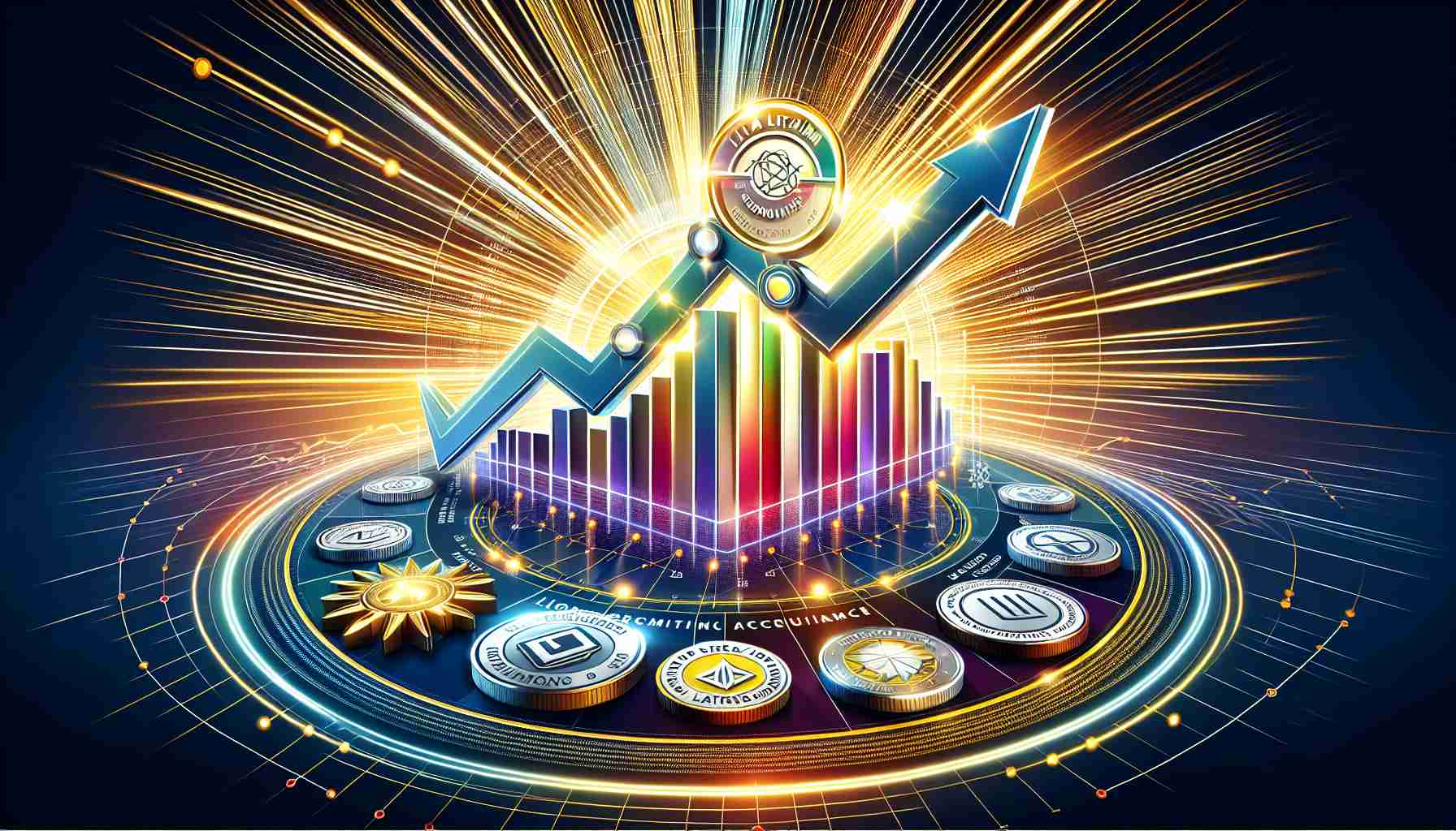 A detailed infographic showing a sharp uptick in the lithium market, represented by a graph with an ascending line. The graph is placed on a background that depicts a radiant growth pattern, symbolizing 'explosive growth.' Alongside the graph, there are stylized logos representing two generic multinational mining corporations, highlighting a significant acquisition deal where one company is acquiring the other. The colors used emphasize the prosperity and growth in the lithium market. Please ensure high-definition quality for the image.