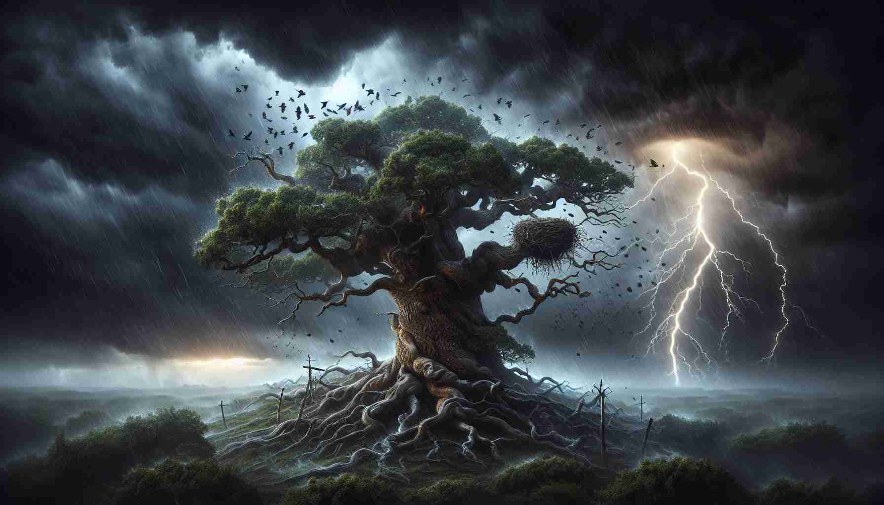 Generate a detailed and realistic HD photo that symbolically represents the concept of 'Resilience Amidst Adversity'. The scene should depict a strong, aged oak tree standing tall in the midst of a storm, with strong winds blowing yet its roots firmly holding it in place. The sky above is dark and ominous, filled with swirling storm clouds, and lightning illuminates the scene intermittently. Rain heavily falls but the tree stands defiant, its sturdy branches sheltering a nest of baby birds, symbolizing life and hope enduring even in difficult conditions.