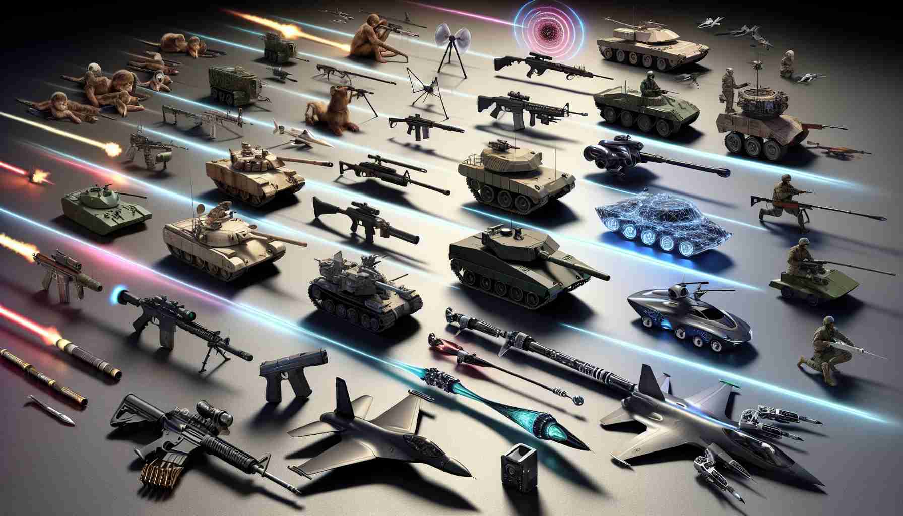 A highly realistic, high-definition illustration that showcases the evolution of military power, focusing on cutting-edge technologies that are shaping the military battles of the future. The image should take us through different eras of military evolution, starting from primitive weapons, progressing to advanced firearms, tanks, fighter jets, then moving towards modern weaponry like drones, cyber warfare systems, then finally futuristic tech like laser weapons, AI-driven automated systems, invisible cloaking technology, etc. The technologies should convey a timeline of progression, showing how advanced we have become in the art of warfare.