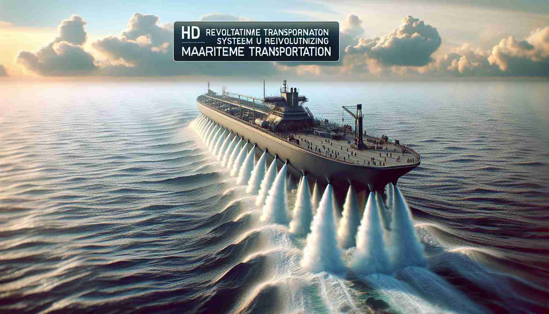 Visualize an HD depiction of a revolutionary maritime transportation system utilizing compressed air propulsion. The scene should focus on a large ship in the open sea, its elegant design, and the unique propulsion emissions, symbolizing compressed air. Show the enormity of the sea with its waves subtly reflecting the sunlight. The ship should be cutting effortlessly through the water, making the concept of revolutionizing maritime transportation apparent. Add details such as sailors on deck, various navigational equipment, and innovative structures on the ship to accent its advanced technology.