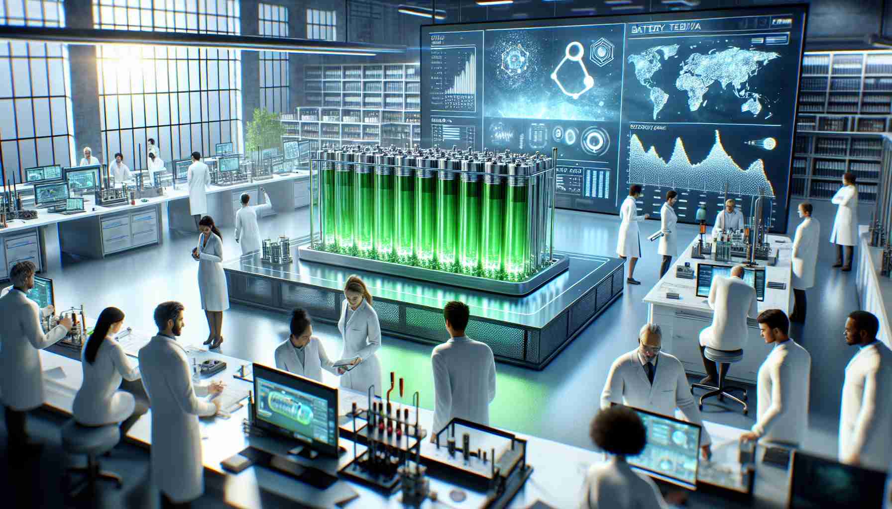 A high-definition, realistic image that depicts the revolution of the energy storage industry through sustainable battery technology. The scene includes a state-of-the-art laboratory with white-coated scientists of various genders and descents e.g., Hispanic, Caucasian, Black, Middle-Eastern, and South Asian, diligently working on perfecting a green battery prototype. The prototype is visually intricate, radiant with a hue of eco-friendly green, symbolizing sustainability. The lab is filled with cutting-edge equipment for battery design and testing. On the large screen behind them, dynamic graphs and data reflect the promising performance of this sustainable technology.