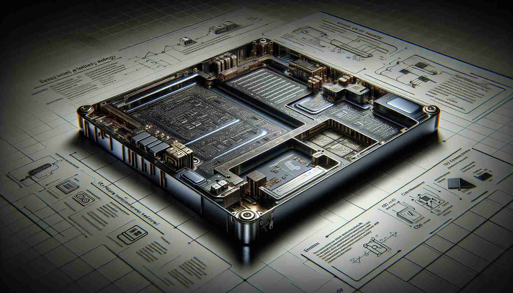 An illustration showing the advanced battery technology implemented in the conceptual design of an upcoming series of smartphones. The illustration depicts microscopic details of the battery, showcasing intricate circuitry and energy compartments. The surface of the battery is smooth and metallic with various ports for connection. Beside it, there are diagrams and texts explaining the ground-breaking features and capabilities of the battery technology which makes it effective and revolutionary. The images should convey the sense of state-of-the-art technological innovations and the endless possibilities it potentially bring towards the future of telecommunications.