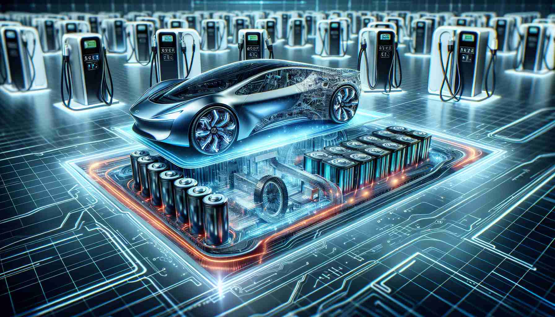 Generate a hyper-realistic, high-definition photo depicting innovative breakthroughs in electric vehicle (EV) market. This should include elements such as a futuristic electric car with sleek design, cutting-edge charging infrastructure, and advanced batteries with clearly visible intricate details suggesting higher energy density and longer life. The image should convey a sense of revolutionary advancements in battery technology leading to milestones in EV adoption.