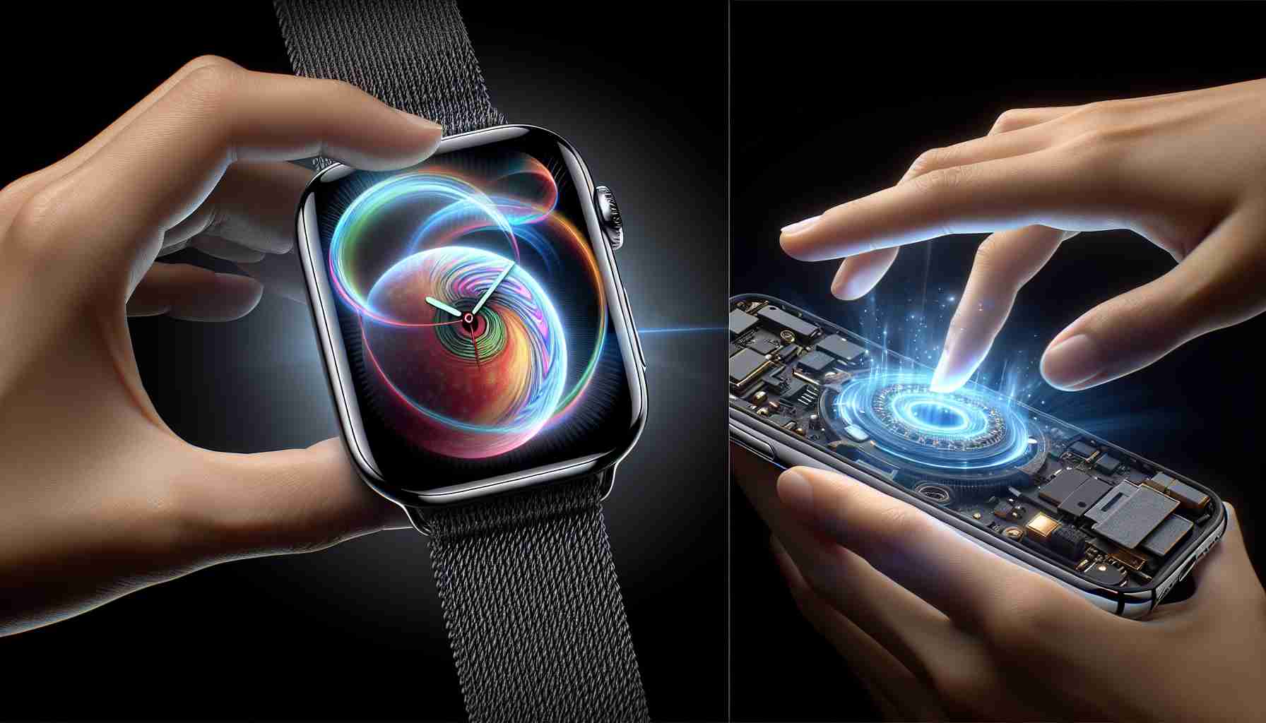 Generate a high definition, realistic image that portrays the concept of the cutting-edge display technology used in an Apple Watch being implemented in future iPhone models. The scene can include a close-up view of the Apple Watch's screen to give a focus on the detailed technology. Then, it can transition into an illustration of how this technology would look when applied to an iPhone, considering the differences in scale and form factor between the two devices.