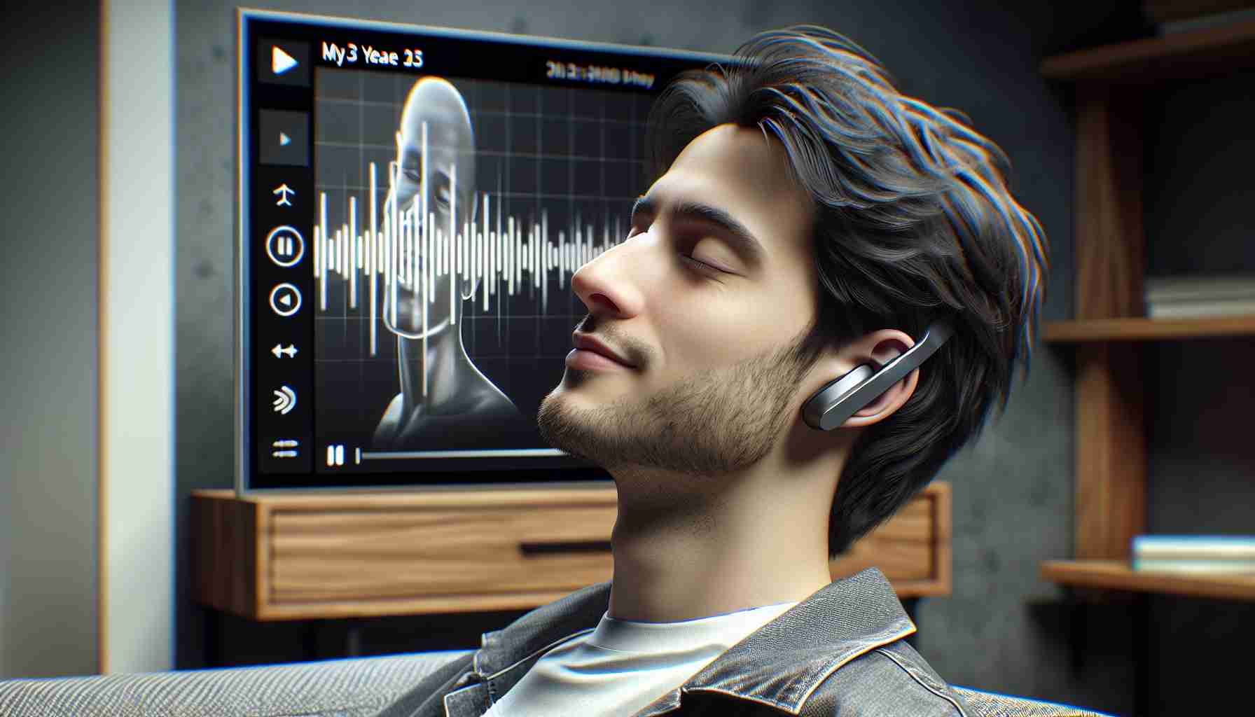 Visualize a Realistic High Definition image portraying a person fully immersed in music. The scenario features a technologically advanced audio device, labelled here as the AeroFit 2, in sleek design, delivering high-quality audio. The individual shows contentment, with closed eyes and possibly a slight smile, as they delve deep into the immersive sound experience. The setting is casual and comforting, perfect for personal leisure time.