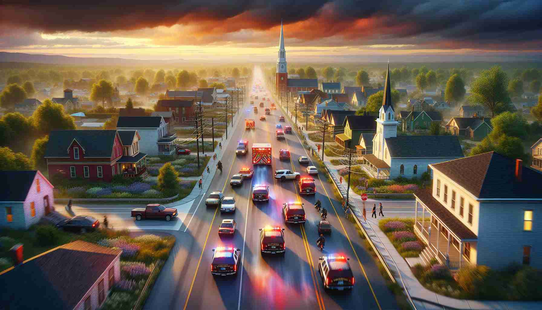 Render an ultra high-definition, lifelike image showcasing a high-speed pursuit across several towns. The pursuit should involve various emergency vehicles with flashing lights zooming down the highway, passing through different landscapes that reflect typical small town scenery - such as quaint houses, family-run shops, lush local parks, and tall church steeples. Glimpses of citizens varying in age, gender, and descent can be seen observing the pursuit from the sidewalks and windows, exhibiting a mixture of surprise, excitement, and concern. The sky should be filled with a dramatic mix of sunset hues, creating a striking backdrop to this high-stakes chase scene.