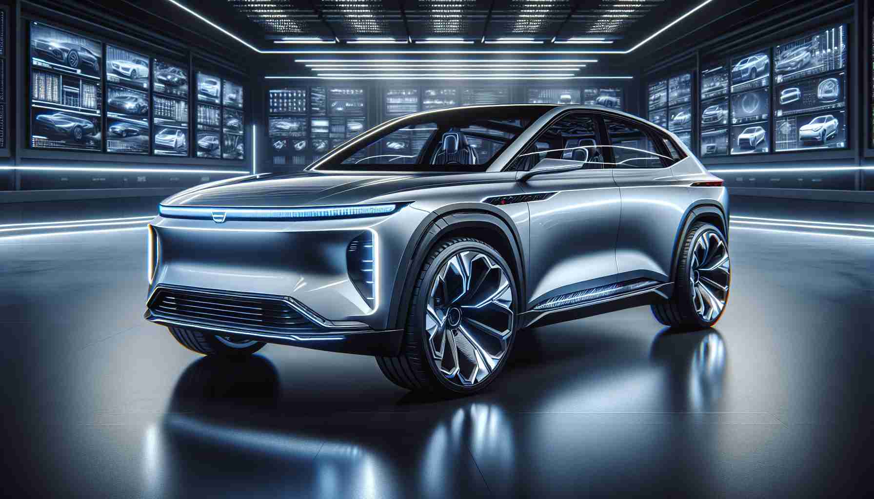 High-resolution image of a modern, visually appealing electric SUV showcasing advanced technological improvements. The vehicle displays exquisite craftsmanship and luxurious design, featuring aerodynamic lines, cutting-edge LED headlights, and prominent alloy wheels. The interior is expected to be equally high-end, with a sleek dashboard, multiple high-tech screens, and the hint of a superior, enhanced comfort level.