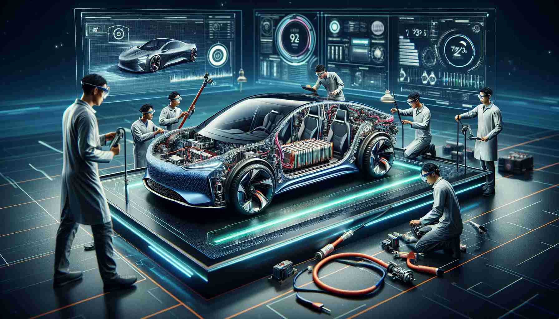 An ultra high-definition, lifelike picture illustrating the revolutionary development in battery technology for automobiles. The image focuses on a cutaway view of an advanced electric car with a sleek design revealing an innovative battery system. Some engineers, composed of a mixed-gender East Asian and Black team, are working diligently on fine-tuning the process, wearing high-tech goggles and using cutting-edge tools. A digital screen showcasing the battery's performance data can be seen alongside the car. Elements of technology, innovation and environmental sustainability should dominate the scene.