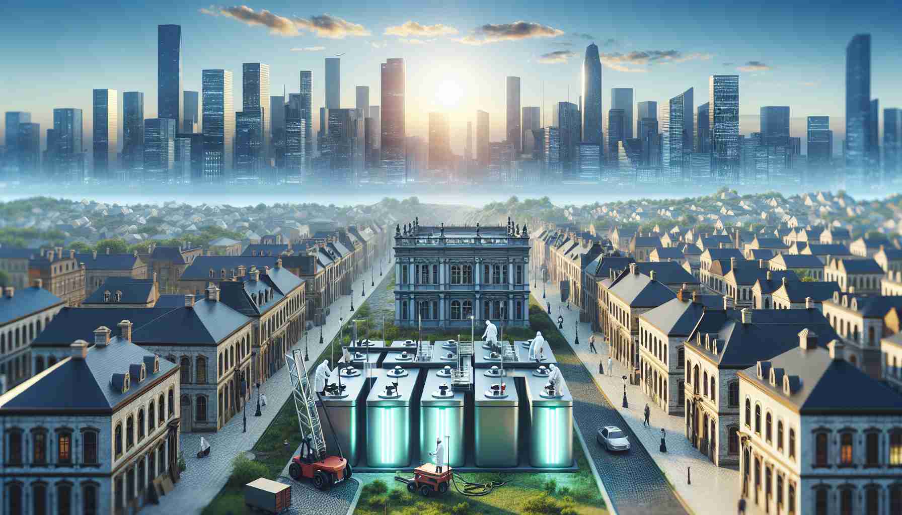 Generate a high-definition, realistic image portraying a scene where a new advanced battery technology project is boosting the economy of a scenic southern city. The panorama should include elements showcasing the city's majestic architectural heritage with beautiful vintage buildings sparsely populated along the landscape. Additionally, include facets of futuristic technology which exude innovation, such as scientists in protective gear working on large, impressive batteries, with the city's skyline in the background. There should also be signs of economic growth like bustling markets, renovations, and new construction work.