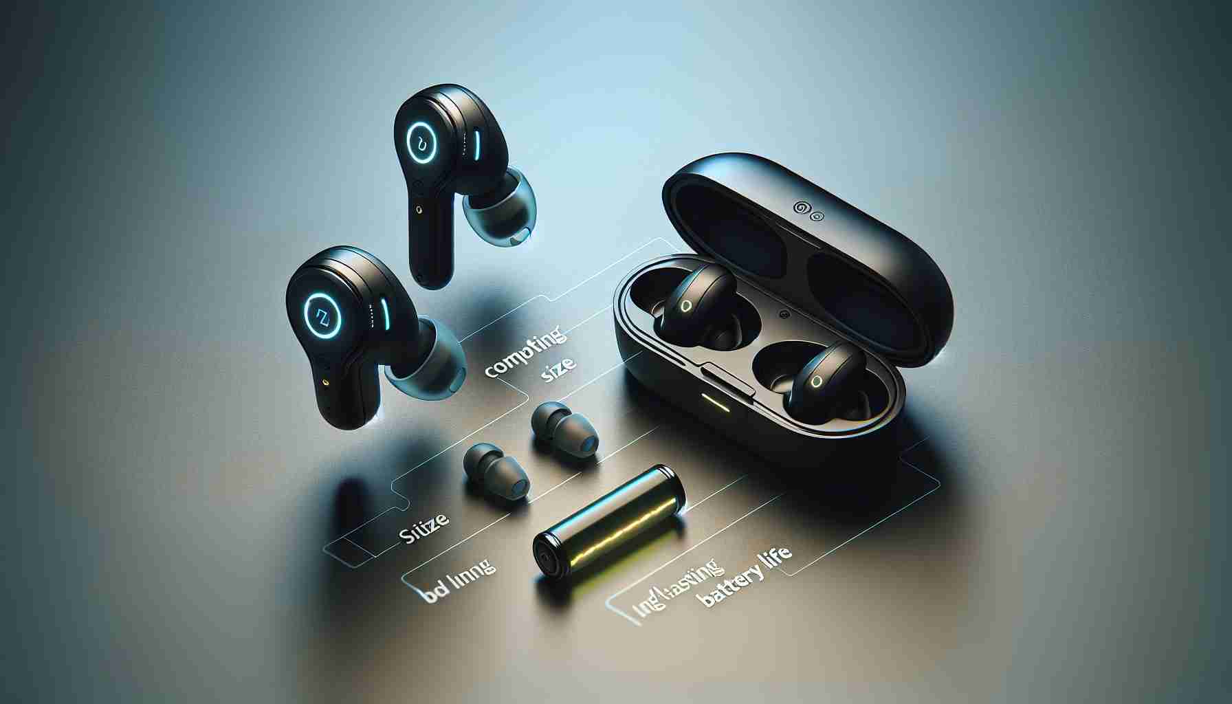 Create a realistic high-definition image of cutting-edge, compact earbuds. These earbuds are revolutionary in their design, featuring compact size and unparalleled battery life. They would have a sleek and modern appearance, indicating their advanced technology. The earbuds themselves could be set against a muted background to emphasize their design. A visual indicator of their superior battery life, such as a long-lasting battery icon or an led light, could also be included in the design.