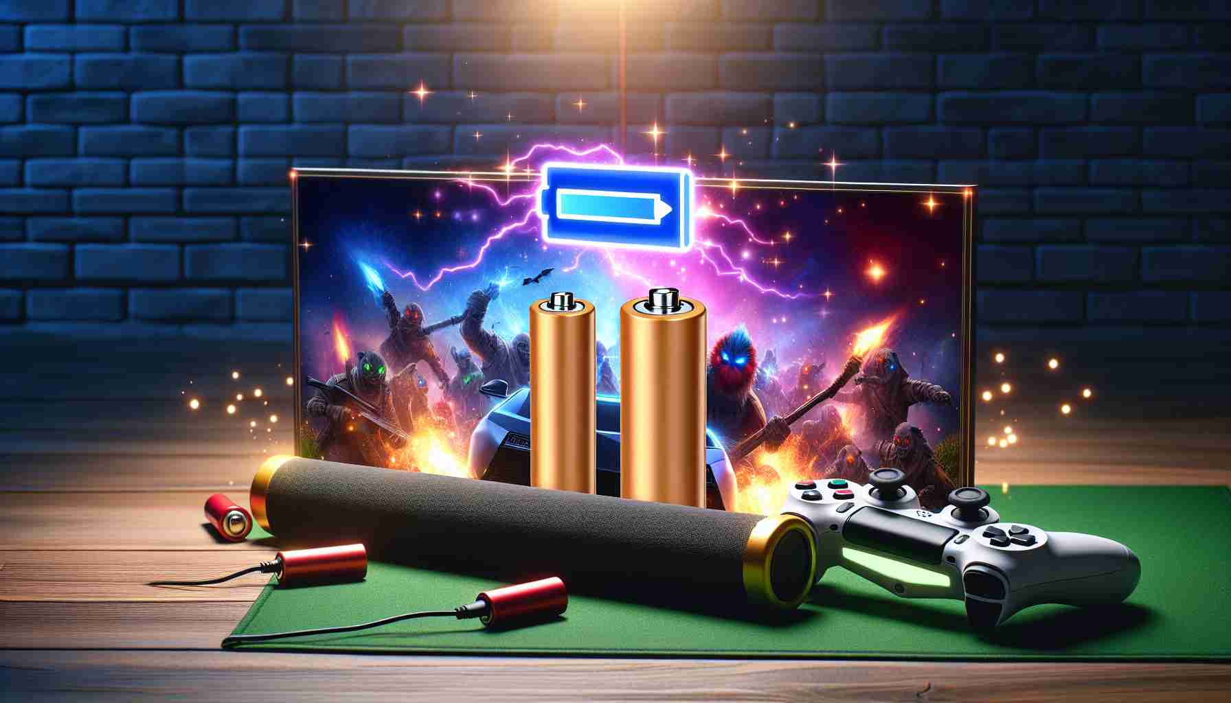 Generate a realistic, high definition image of a gaming scene turning more vibrant and immersive. Picture in the center a pair of affordable rechargeable batteries, shining with energy, indicating their power and how essential they are. The scene suggests an improved gaming experience owed to these batteries, with a controller in the periphery showing its use in the gaming setup.