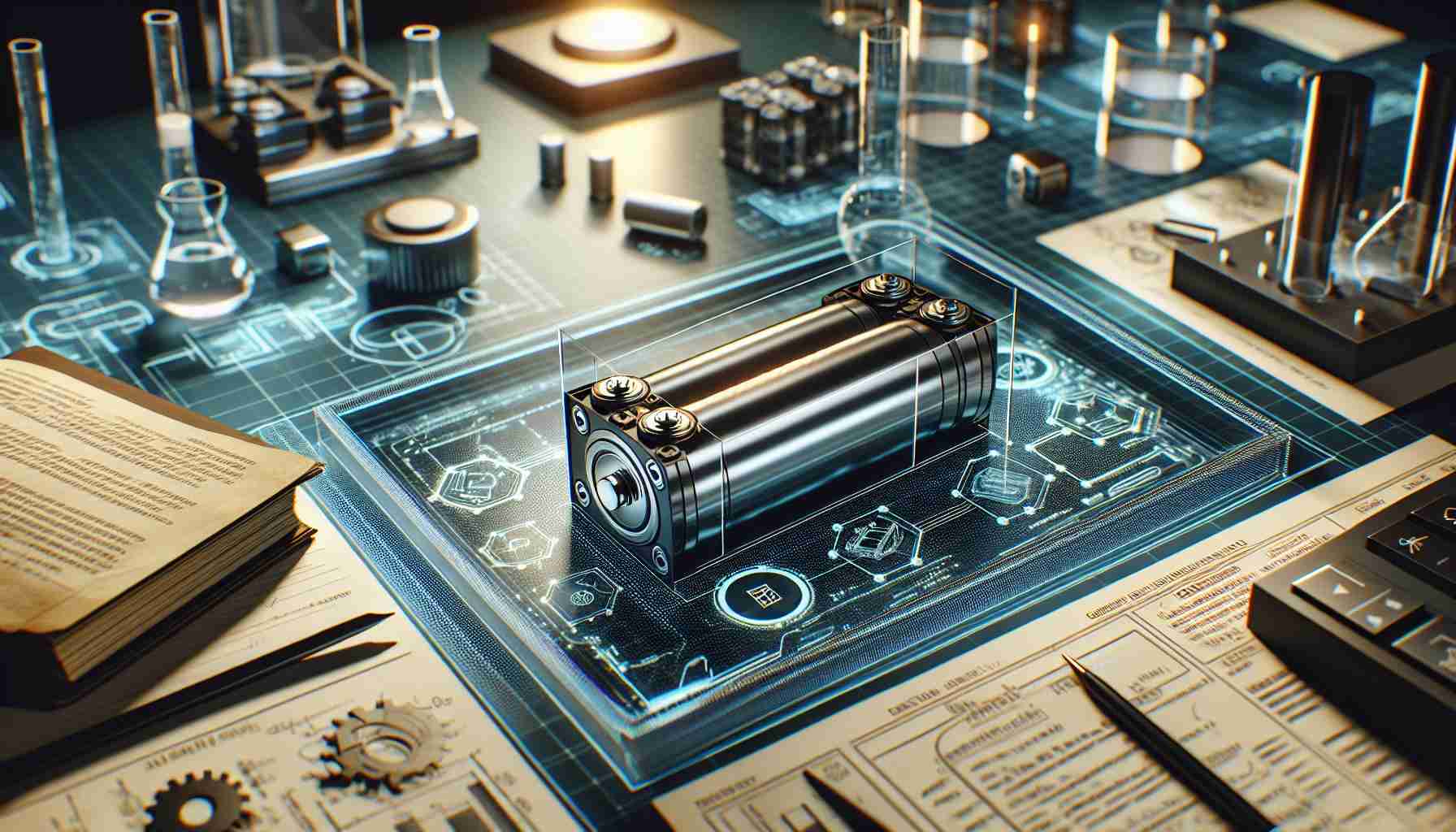 A high-definition, realistic image showing a revolutionary advancement in battery technology. Depict a newly designed battery model on a futuristic and sophisticated lab setting, with notes and sketches relating to the technology scattered around. The battery should display cutting-edge characteristics, perhaps featuring unconventional shapes or materials, in line with its innovative status.