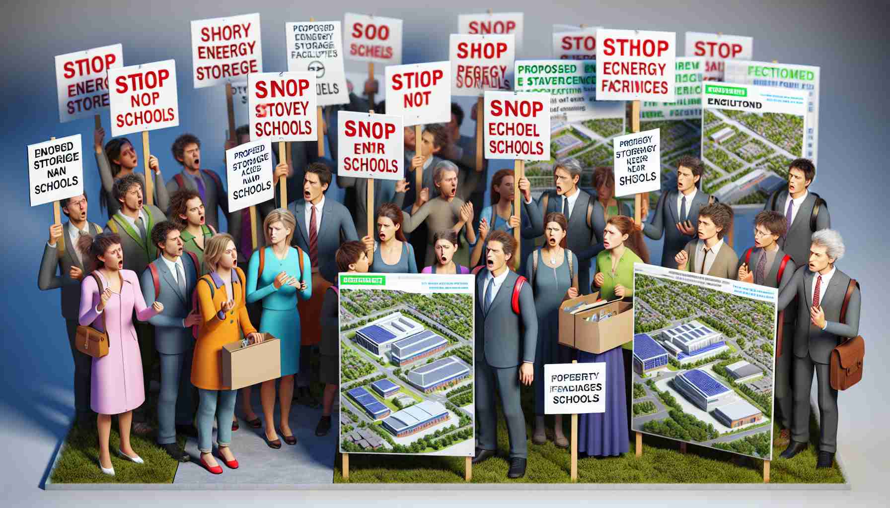 A detailed realistic image representing the growing opposition to proposed energy storage facilities near schools. The image could include signs denoting disapproval or protest, maps with marked locations demonstrating the proposed facilities' proximity to schools, and citizens of various descents and genders showing an expression of concern or actively protesting. Capture the emotional intensity of their concerns while maintaining a high definition and real-like portrayal.