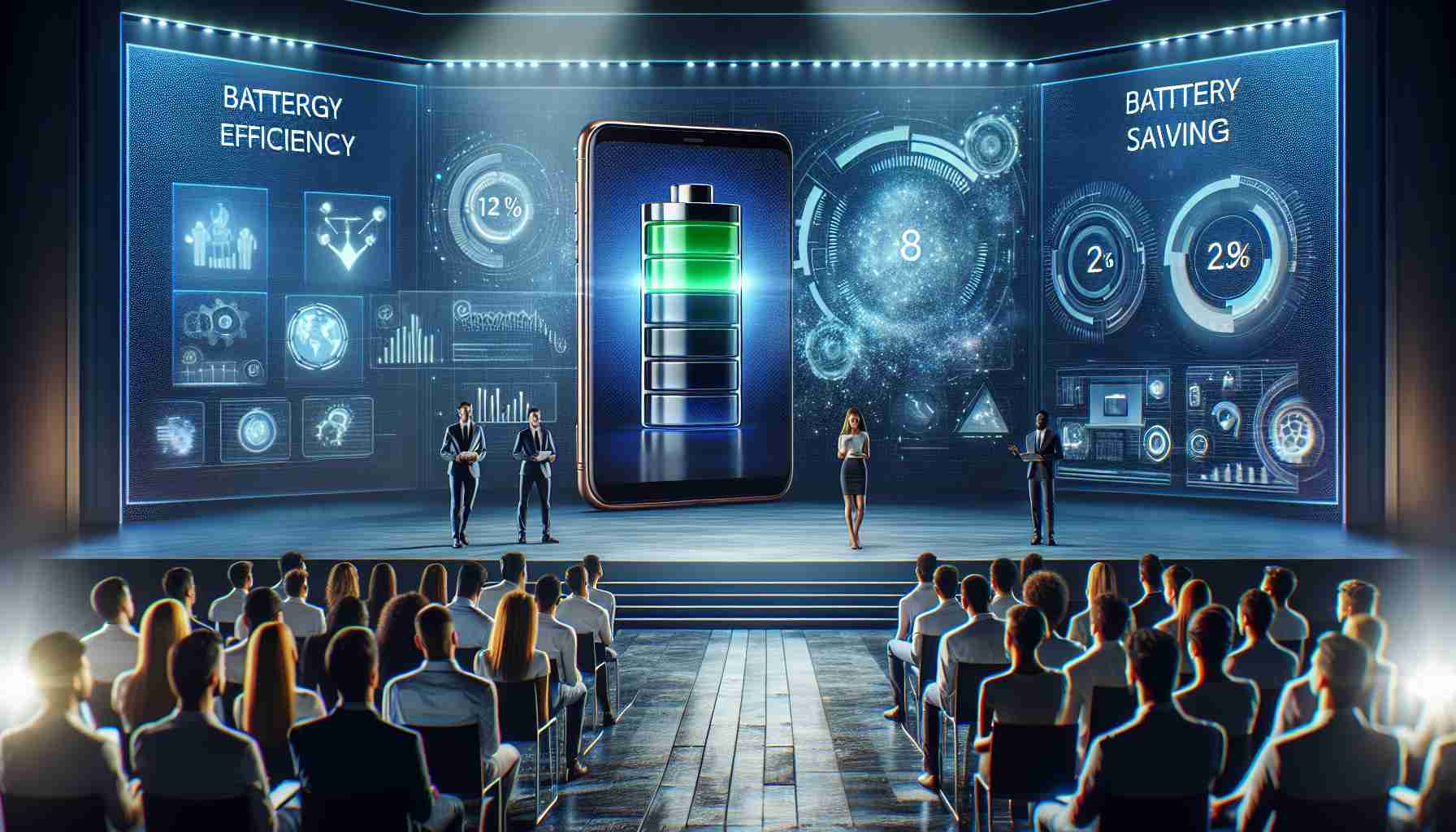 A realistic and high-quality image showing a scene of technological innovation unveiling new battery-saving techniques for smartphone users. The image depicts a brightly lit stage with a large screen displaying graphics related to energy efficiency, a sleek modern device, and futuristic tech visualizations. A diverse group of tech professionals, including a Hispanic woman and a South Asian man, are presenting to an excited audience eagerly anticipating the rollout of these advanced features.