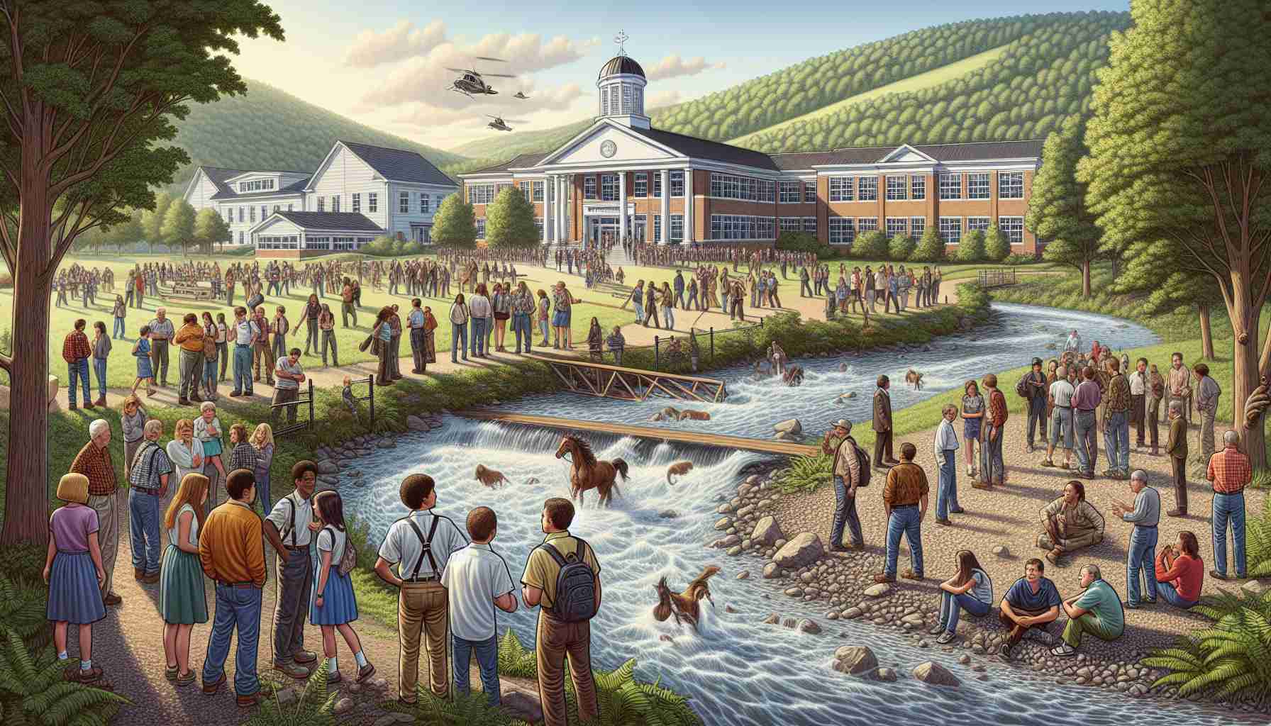 Detailed and high-definition illustration of a peaceful conflict resolution scenario near a high school, specifically near a creek area. The surrounding environment is brimming with activity and the daylight reveals the architectural details of the school and the natural beauty of the creek. Multiple people of varying descents and genders are present, some participating in resolving the issue while others stand as observant spectators. A sense of calm has come over the crowd as the incident has been peacefully resolved, reinstating the usual serene atmosphere of the idyllic school setting.