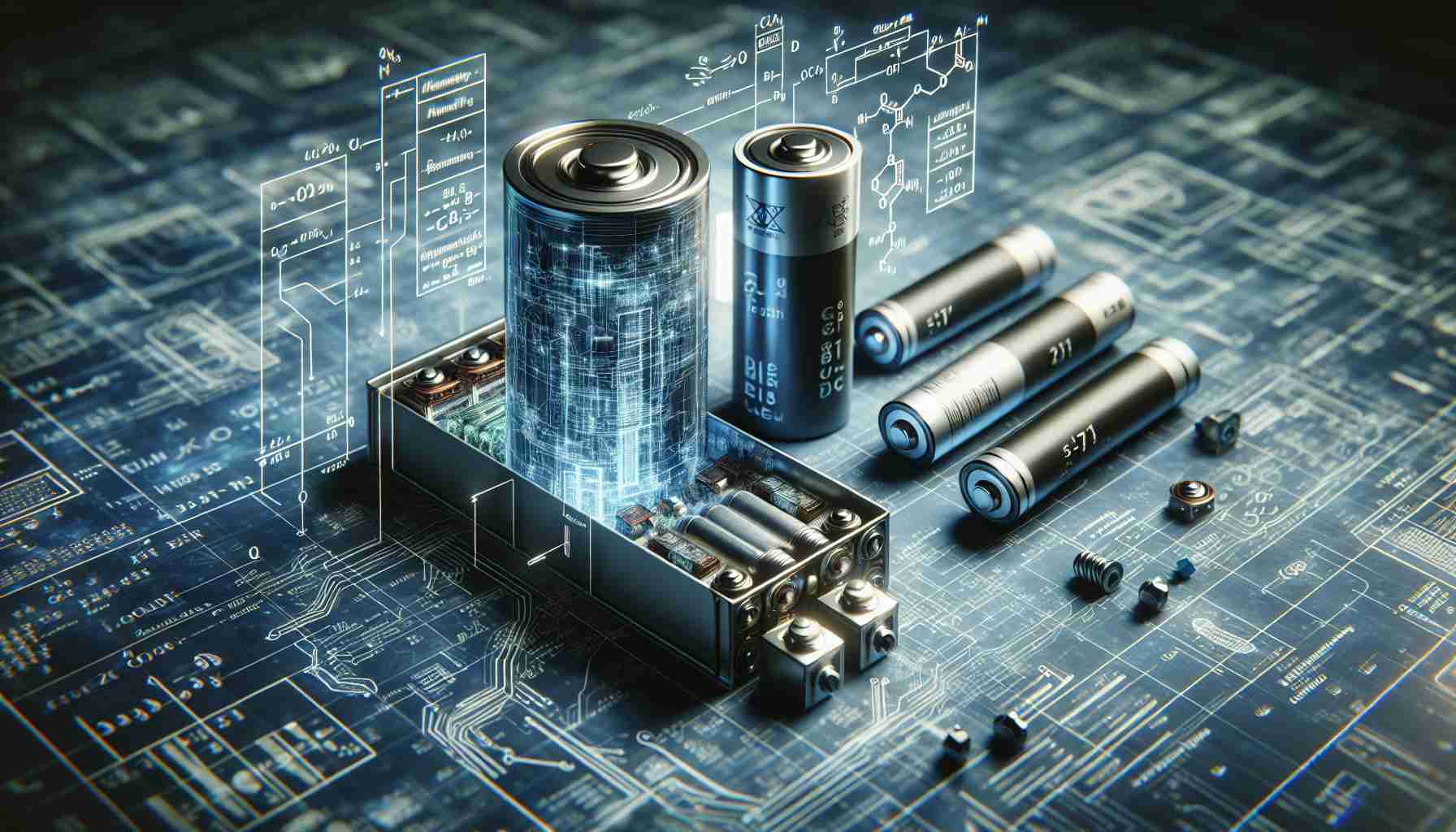 A high-definition, realistic image that showcases the concept of fueling innovation in the field of battery technology. The image might include a depiction of modern batteries placed next to an older model, both of which are split in half to reveal their intricate internal structure. There might be technical diagrams, blueprints, and mathematical formulae hanging in mid-air, representing the advancements and innovations in the technology. The background could be filled with circuit patterns or scientific graphics, further reinforcing the theme of technological development.