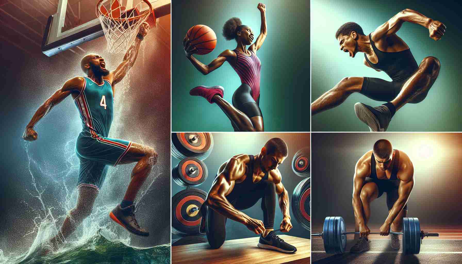 A high definition, realistic photo that depicts the theme of 'The Resilience of Athletes: Overcoming Setbacks and Returning Stronger'. There should be a mixture of male and female athletes of assorted descents. For instance, an Hispanic female basketball player doing a victorious leap after scoring, a Middle-Eastern male swimmer powering through the water, a Black female runner lacing up her shoes determinedly and a Caucasian male weightlifter lifting heavy weights with effort and determination. Emphasize the sweat, effort, and triumph in their faces, capturing their resilience and strength gained from overcoming setbacks.