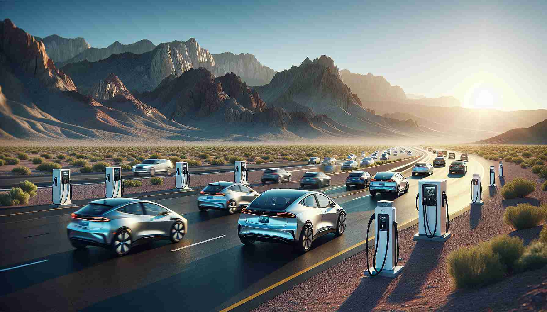 A high-definition, realistic photograph that captures the burgeoning scene of electric vehicles in Nevada. The image shows a variety of modern, shiny electric cars moving along a sunlit highway backed by the arid Nevadan landscape. Stationed nearby are newly erected charging stations, evidence of a flourishing joint venture that supports this green transition. The bustling scene symbolizes the rise of environmentally conscious transportation in this region.