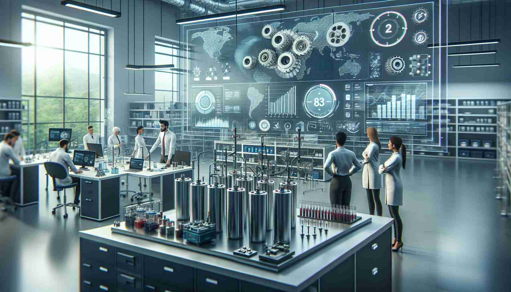 A high definition, realistic visualization of an innovative technology company collaborating with a start-up focussed on renewable energy for a groundbreaking battery technology. The scene may include laboratory equipment, batteries prototypes, charts and graphs showcasing performance improvements, and team members of various genders and descents engaged in discussion and work. Let the atmosphere of the scene emanate the cutting-edge nature of their collaboration and the potential impacts on renewable energy solutions.