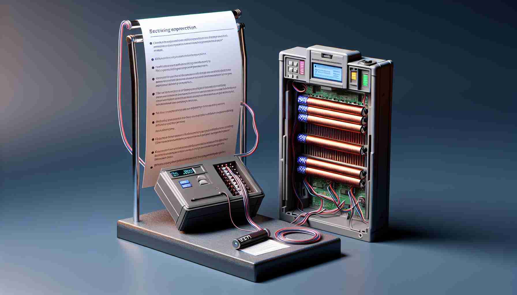 Create a high-definition realistic image showing an electronic voting machine with a visible battery component. The machine should be designed in such a way that it clearly signifies its dependence on the battery's power. The setting could be an election booth with a detailed instructional guide next to it, explaining how the battery plays a crucial role in functioning of the voting machine.