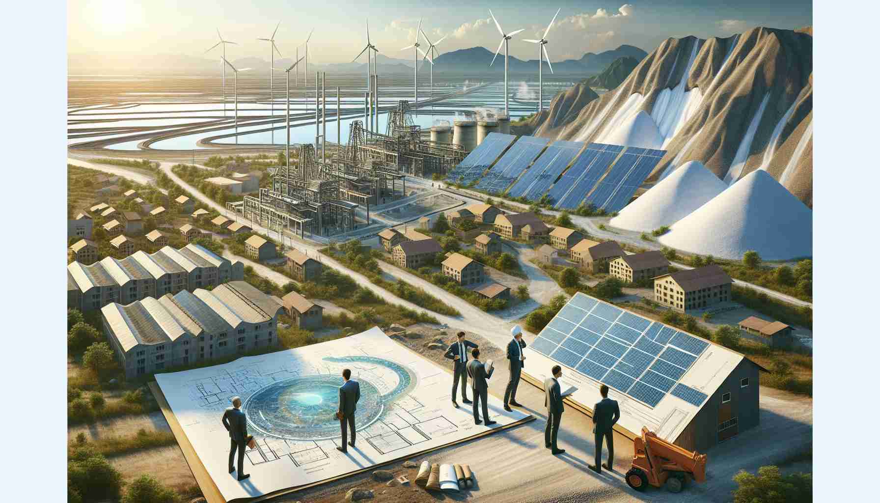 Generate a high-definition realistic image showcasing a proposed innovation project focusing on new energy technologies, set in a rural township characterized by its salt mines. The scene should depict modern infrastructure such as solar panels or wind turbines integrated with the natural landscape. Additional elements might include project blueprints, 3D models, and involved individuals discussing plans.