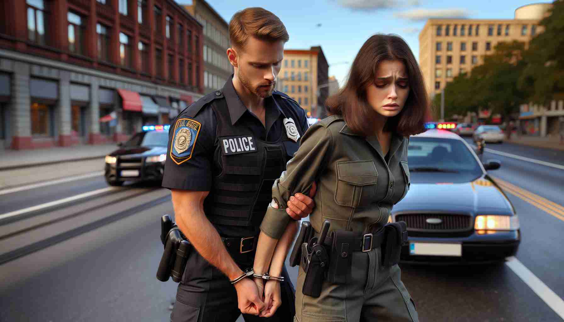 An image in high definition, featuring a realistic scene where a South Asian female police officer is being arrested by her Caucasian male colleague for disorderly conduct. The scene is set in a city street with cars and buildings in the background. Both officers are donned in their standard issue police uniforms, however, the South Asian officer's body language conveys remorse and disappointment.