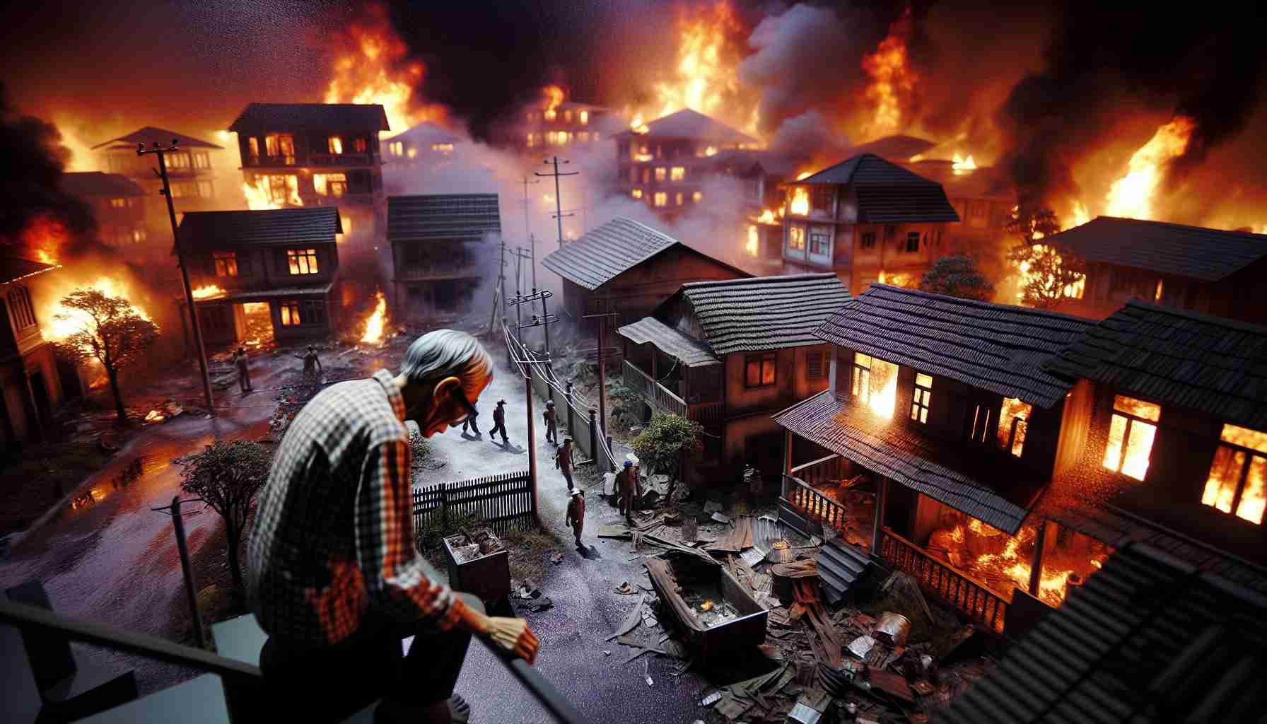 A highly detailed and realistic scene portraying a heartbreaking event where a fire engulfs a residential area. The main focus of the image should be on an elderly man of unspecified descent who is tragically affected by the incident. The surroundings are filled with chaos and terror as the buildings are being consumed by aggressive flames. The atmosphere is filled with a heavy sense of sorrow and despair.