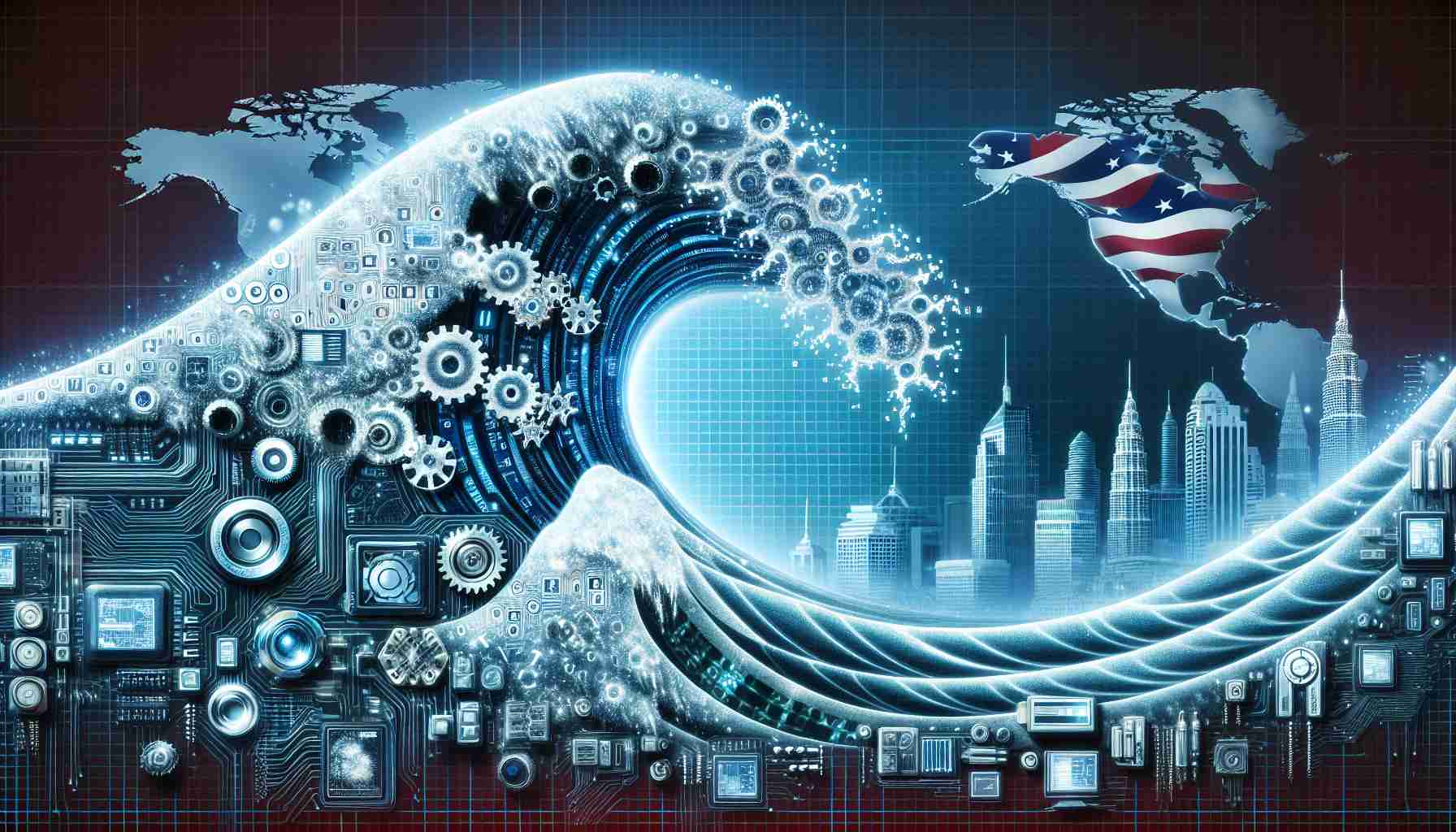 Realistic high-definition image of a metaphorical wave made of technology components, displaying themes of innovation and election. The wave is composed of tech elements like gears, circuit boards, and binary code, symbolizing the intersection of technology and democracy in a future election. The background is a blend of international landmarks to reflect the global impact of such technological transformation. Please do not incorporate any political symbols, flags, or personalities in this image.