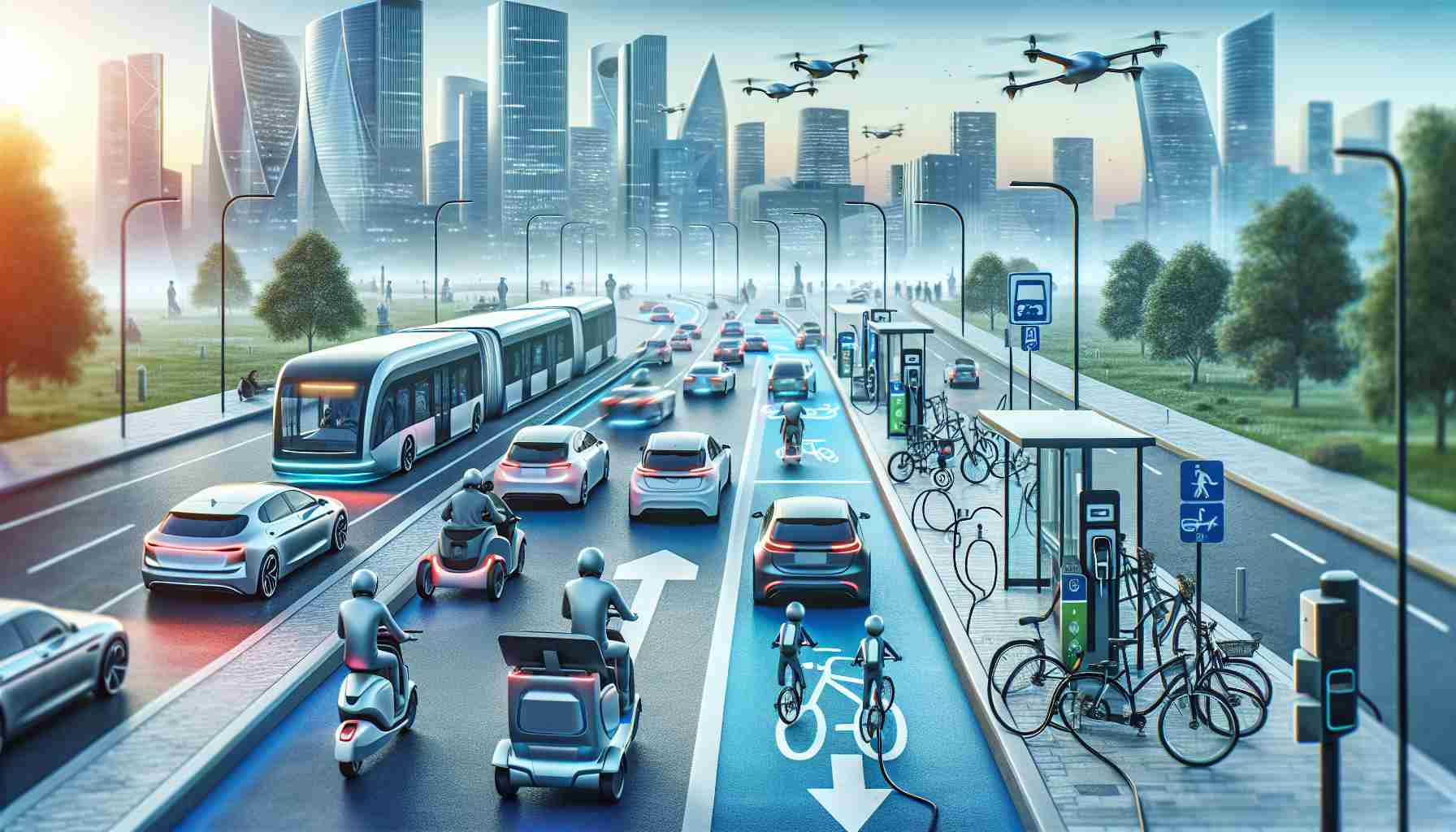 A high-resolution, realistic image representing the expansion of electric mobility. Picture an urban landscape where different forms of transport powered by electricity are prominent. Visualize electric cars with stylish, modern designs navigating through traffic, alongside bicycle lanes where electric bikes and scooters whizz by. Add some futuristic electric buses at bus stops, showing signs of 'Eco-friendly route'. Public charging stations should be present at intervals, with vehicles plugged in. And in the sky, conceptualize some electric drones, symbolizing the potential for electric air travel.