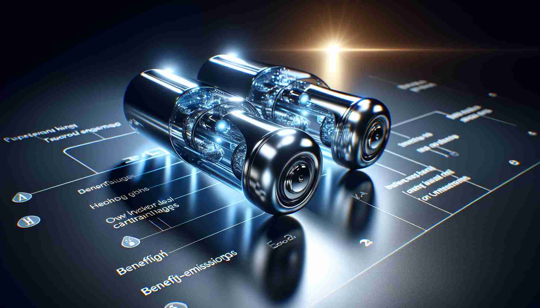 An HD quality, ultra-realistic image showcasing the future of sustainable energy - a groundbreaking innovation: new hydrogen cartridges specifically designed for fuel cell vehicles. The image focuses on a close up of these benefit-rich cartridges; they are of a sleek design, a brilliant glossy finish, shining under adequate light. Indicative labels and diagrams are present, explaining the working and benefits of the cartridges, including their contribution to zero-emissions. Also, dramatic lighting creates a sense of awe and highlights the technological advancement in the energy sector.