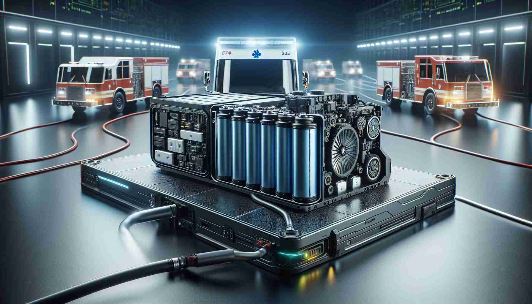 Generate a realistic, high-definition image of a sophisticated next-generation battery system, designed specifically to enhance the performance of electric emergency vehicles. The system should appear sleek, compact, and modern, incorporating innovative technology for quick charging and long-lasting operation. The scene should include the battery visibly powering an electric ambulance or fire truck, embodying the future of efficient, eco-friendly emergency response.