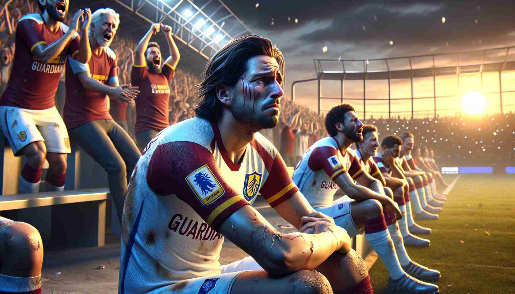 Generate a hyperrealistic HD image depicting a sports scene where a team called the Guardians is visibly struggling. The mood is tense and the atmosphere hints at a tough loss they've experienced. The falling sun signifies the end of the match, and the disappointed faces on each player convey their feelings. Support staff and coaches are present in the background, their faces reflecting the same disappointment. Please include stadium surroundings, excited crowd reactions, and a scoreboard indicating the disadvantage.