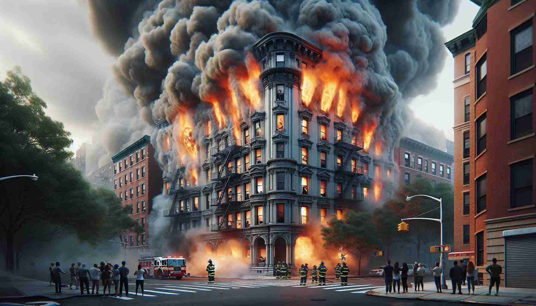 High-definition realistic scene of a building in Bronx undergoing a fiery incident, which is causing concerns in regards to the safety of inhabitants. Flames engulfing the structure, thick, grey smoke billowing out of windows, a group of locals observing from a safe distance, and firefighters working tirelessly to control the situation.