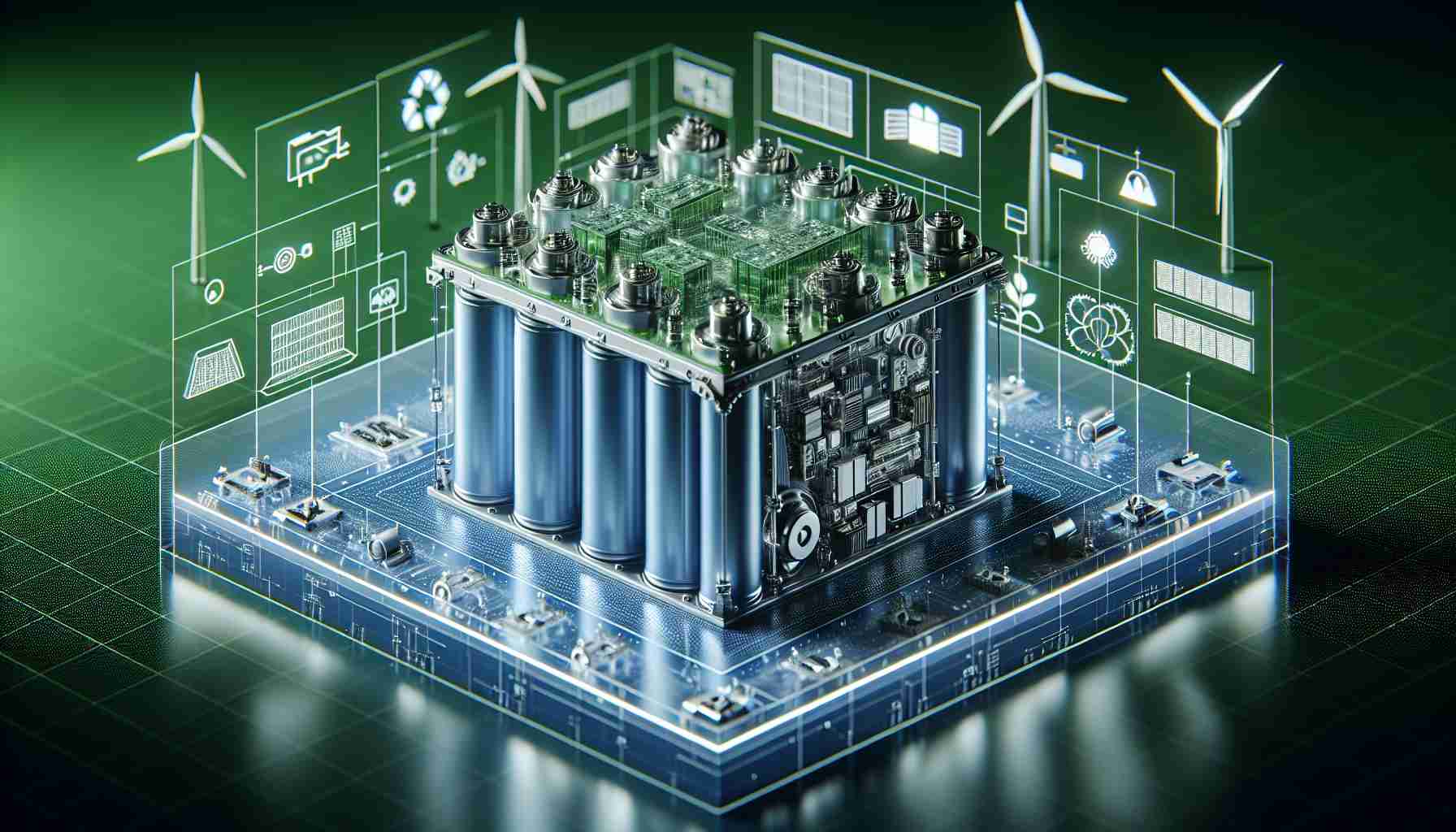 A high definition, realistic image of innovative battery technology designed for sustainable energy solutions. The battery appears futuristic in design, expressing a promise of revolutionizing the energy sector. The model exhibits high-tech components, advanced materials, and a unique layout associated with renewable energy efficiency. The background contains visual elements related to green energy, such as wind turbines, solar panels, and more, symbolically enhancing its mission for environmental sustainability.