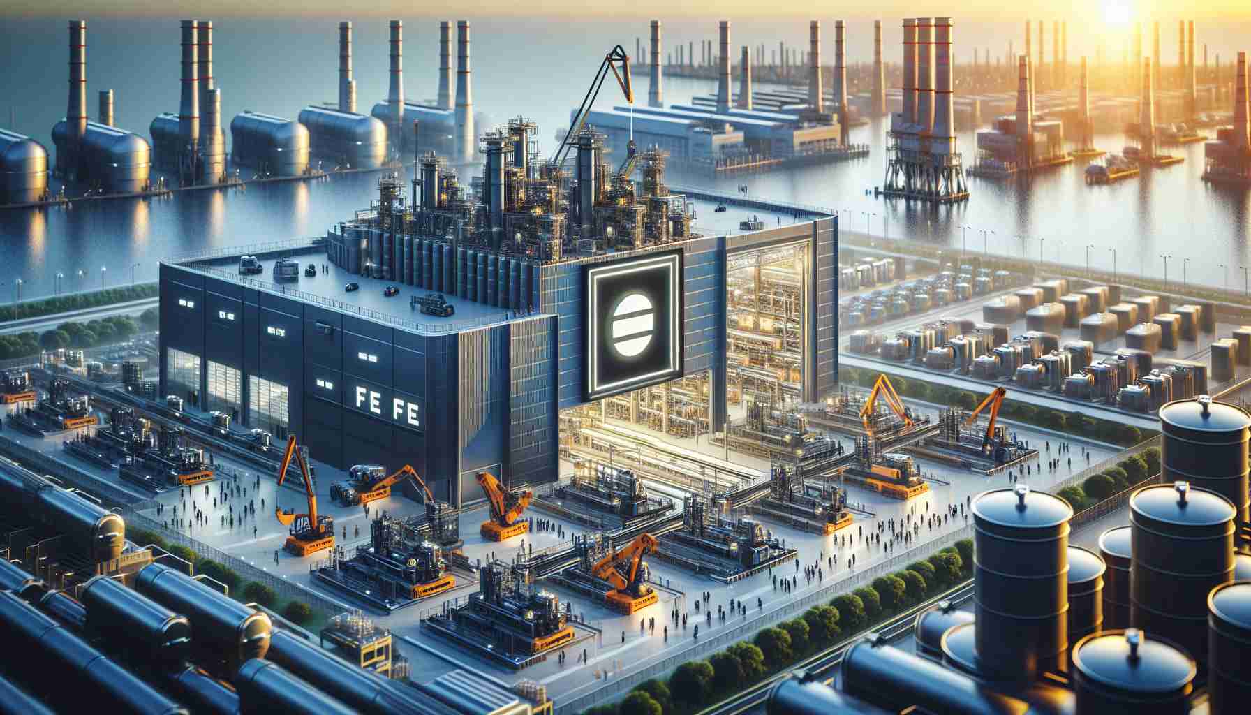 A high-definition, realistic image that visualizes the concept of emerging opportunities for a generic corporation focused on FE (Iron) Battery Metals. Illustrate this idea by showing a futuristic industrial manufacturing plant with advanced machinery creating innovative battery structures. The company logo is proudly displayed on the plant building - an abstract design of a battery and a rising sun, symbolizing the new opportunities. The scenery around is brimming with potential, with a lively energy apparent in the operations and workers - a mix of men and women from different descents such as Caucasian, Hispanic, Black, Middle-Eastern, White, and South Asian - showcasing global unity in technological advancement.