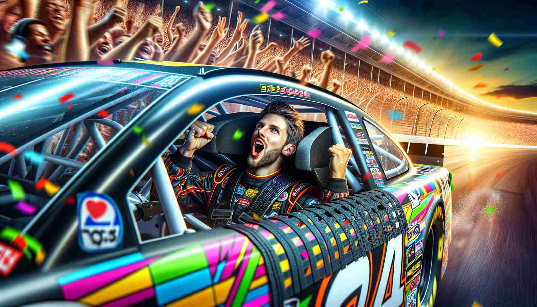 An ultra high-definition, realistic image of a surprise win at a thrilling speedway event by a male car racing professional. The driver, of Caucasian descent, is cheering jubilantly inside his race car. The car is decorated with various vibrant colors and sponsor logos. The atmosphere is electrifying as the crowd in the background erupts into ecstatic cheers.