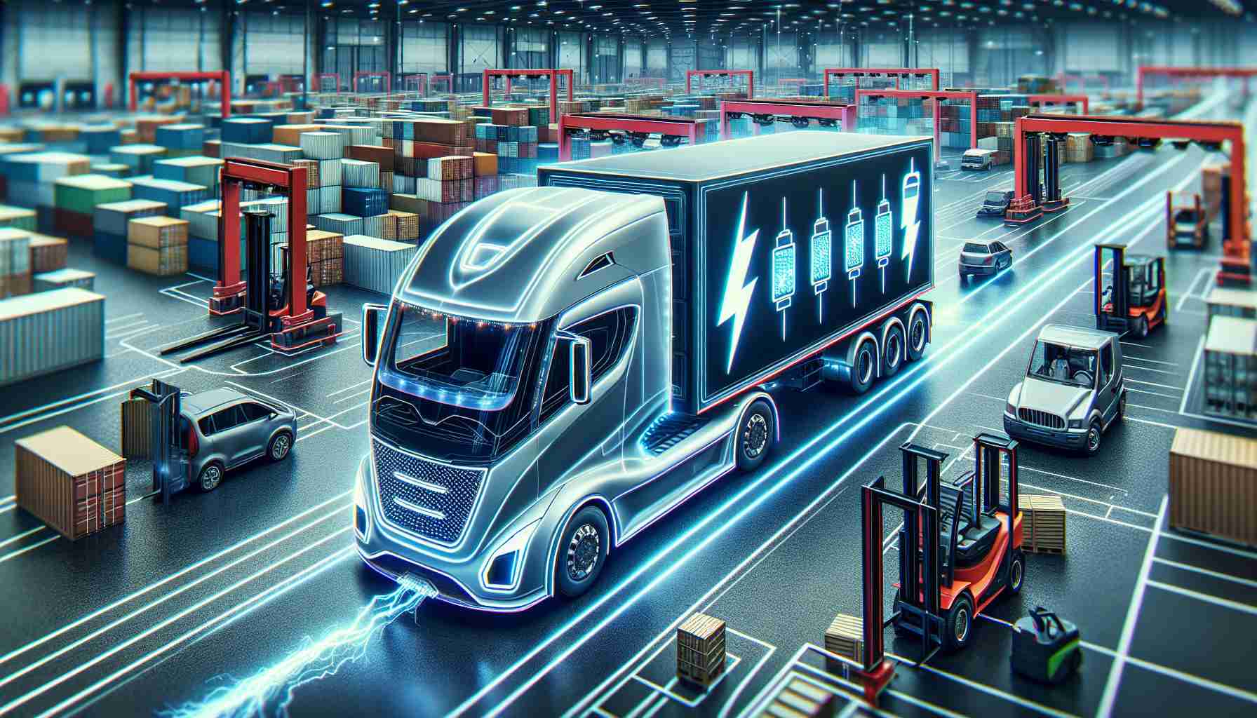 Generative illustration of a significant evolution in mobility, showcasing an electric truck making its way in the logistics industry. The truck is featured with sleek, aerodynamic lines and a strikingly innovative design. Its key distinguishing aspects should include clear emblems of its electric nature, such as charging points, battery iconography and lightning bolts. Surrounding the truck is a bustling logistics hub, filled with loading docks, warehouses, and freight containers, indicative of its substantial role in the industry. All aspects of the image, including the electric truck, ought to be converging towards a photorealistic style.