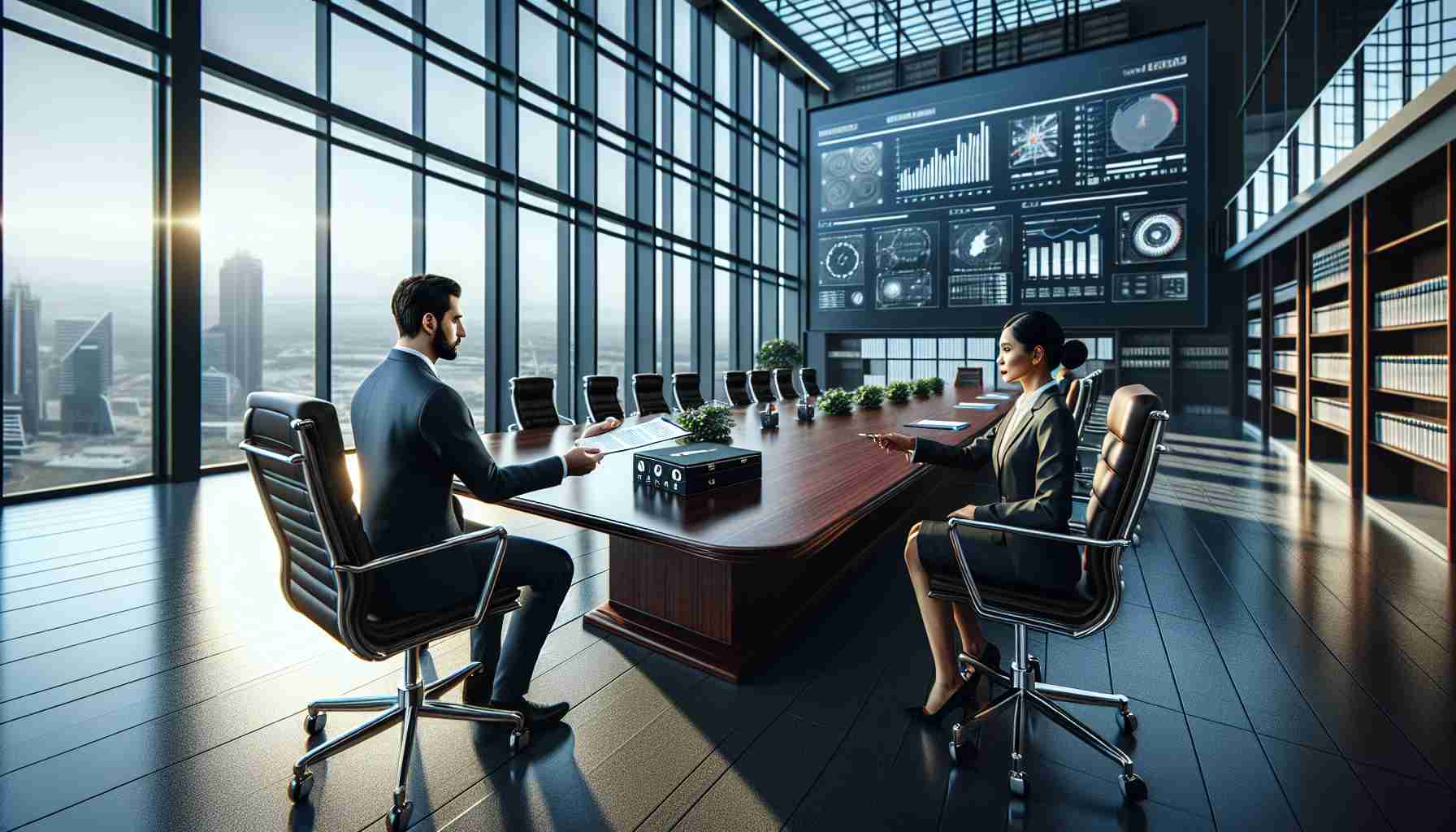 Highly detailed and realistic image of a business deal taking place within the sphere of energy solutions. The scene is set in a typical large conference room with floor-to-ceiling windows allowing ample natural light to flow in. At a long, polished mahogany table, two people are seated across each other. One individual, a Middle-Eastern male in a sleek dark suit, is offering a document that symbolizes a lucrative battery supply contract, towards a South Asian female in a sharp business attire who is preparing to accept it. A large screen behind them displays charts and figures related to battery technologies.