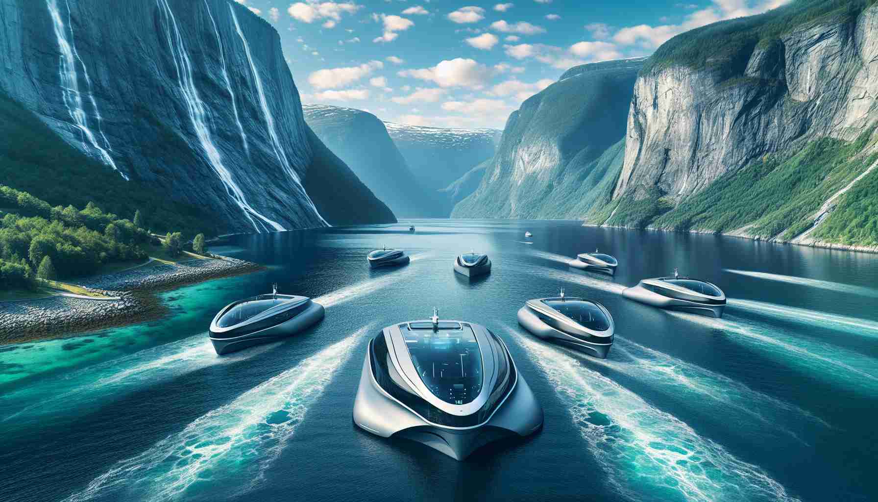 Create a hyper-realistic, high-definition image of state-of-the-art, revolutionary autonomous ferries. These advanced boats are designed for fjord travel, showcasing a new wave in sea transportation technology. Set against the backdrop of a stunning Nordic fjord, we see these sleek, modern vessels cutting through the crystal clear water, dwarfed by the towering cliffs and mountains around them. Technology meets nature as these unmanned ferries begin their transformative journey across the fjord.