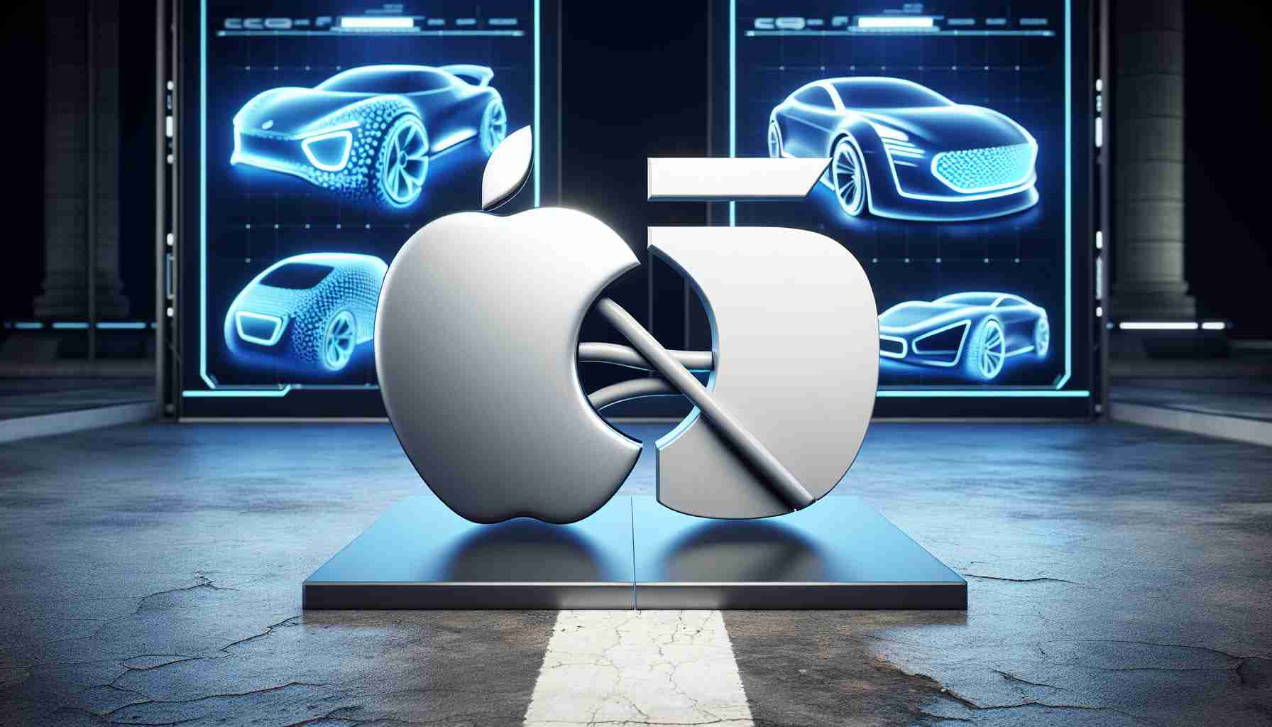 High-definition, realistic image of two mock-up logos symbolising a strategic collaboration between a technology giant known for its innovative electronics, such as smartphones and computers, and a leading automaker with strong footholds in the production of electric vehicles. The two logos are united in the middle, overlapping slightly to signify a partnership. Behind this logo fusion, the backdrop showcases a few conceptual designs of futuristic electric vehicle technology that the two companies could potentially develop together.