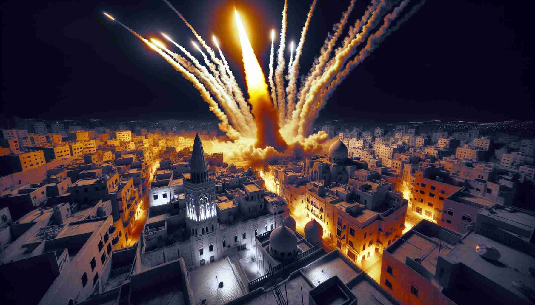 A detailed, high-definition image showing an unexpected occurrence of rocket activity in the Middle East. Rooftop-view cameras capture the spectacle of fiery trails against the backdrop of the night sky, while the city underneath stirs in surprise and anticipation. Buildings and streets are bathed in the eerie, flaming glow, casting long, dramatic shadows. Distinct Arabic architecture can be seen distinctively, their ancient contours magnified by this sudden spectacle.