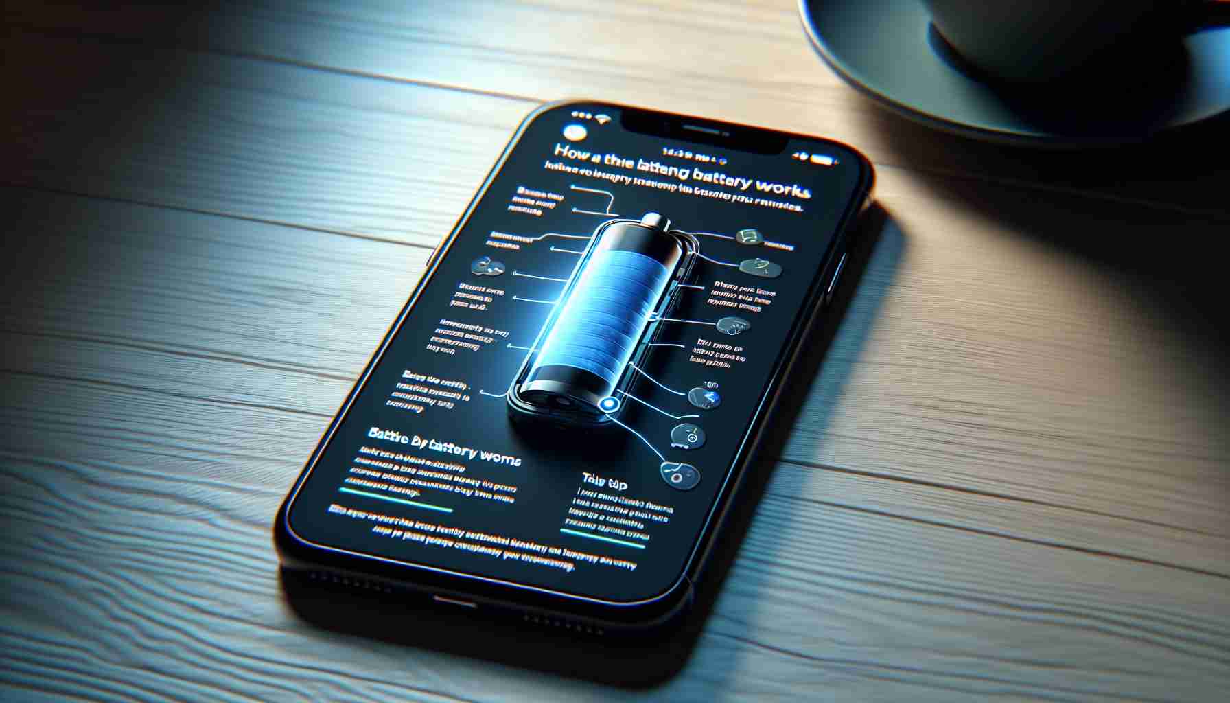 A high-definition, realistic image of an iPhone displaying a message addressing concerns about its battery life. The screen of the iPhone should show a detailed diagram illustrating how the battery works, along with some text explaining how to improve battery health and some tips to increase battery lifespan. The phone is on a wooden desk, next to a cup of coffee. The light coming from a nearby window is casting a slight glow over the entire setting.