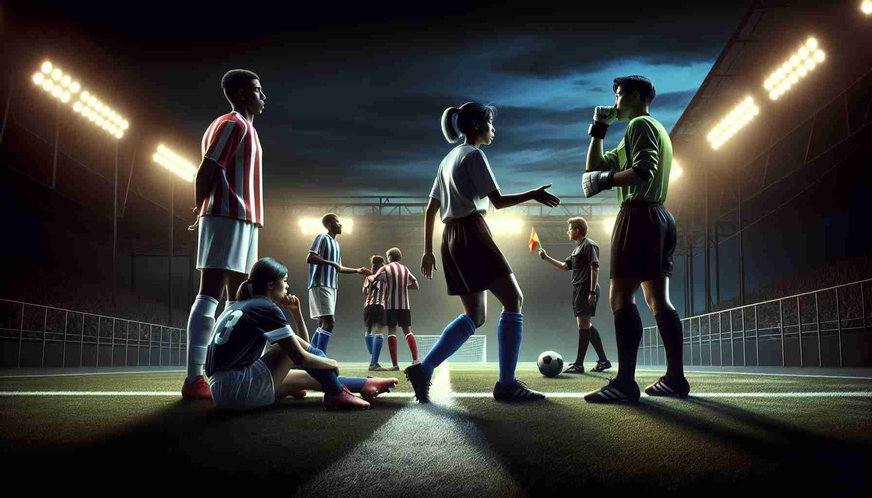 An engaging scene of a dramatic soccer match ending in a 3-3 draw. It is dusk, and the lights on the field are brilliantly illuminated, casting contrasting shadows. You can see two teams, one wearing red and white stripes, and the other in blue and black. A mixed-race player in the center of the field has her hands on her knees, exhausted but satisfied. A black goalkeeper on one end looks frustrated but determined. The South Asian referee is blowing the whistle while a Caucasian and Hispanic player exchange friendly handshakes, appreciating each other's efforts.