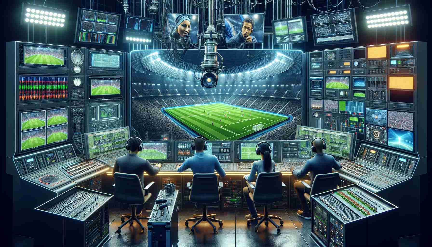 Highly detailed and realistic image of cutting-edge technological advances in sports broadcasting. Depict intricate broadcasting equipment with a large broadcast screen displaying a live soccer match. Show a diverse range of individuals working in the broadcasting room: a Middle-Eastern female director, a Caucasian male audio engineer, and a Black female camera operator. Give the impression of a dynamic environment, showcasing the enthusiasm and excitement of bringing sports to a global audience.