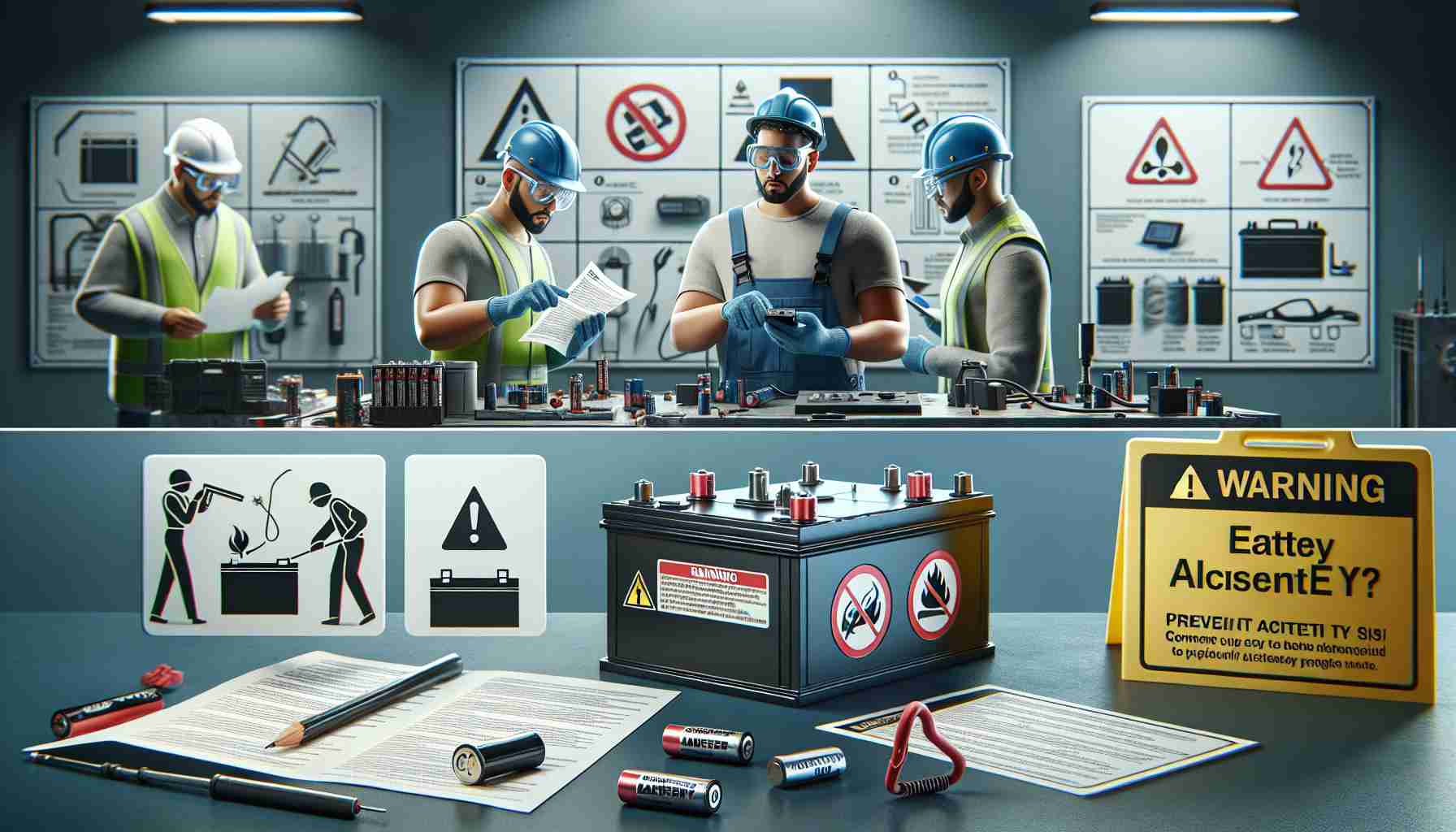 Create a realistic, high-definition image depicting the importance of proper battery use to prevent accidents. The scene could include a South Asian man carefully reading instructions before inserting batteries into a device, a Hispanic woman wearing safety goggles and gloves while handling a large industrial battery, and warning signs displaying symbols for potential hazards like fire or chemical leaks. Additionally, show diagrams indicating correct battery placement, and proper storage and disposal techniques. The environment should be designed to reflect a typical everyday setting like a home or office.