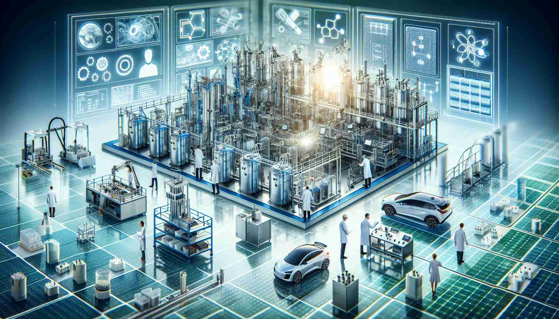 High-definition, lifelike image showcasing the transformation and innovation in America's battery industry. The picture should encapsulate elements such as advanced lithium-ion battery cells, clean and high-tech production lines, well-equipped researchers of various descents and genders doing in-depth studies and research. Also include the development of green energy solutions, with visuals of sustainable technologies such as electric cars or solar panels in the background. All these components together should depict America's bold new path in the battery sector.