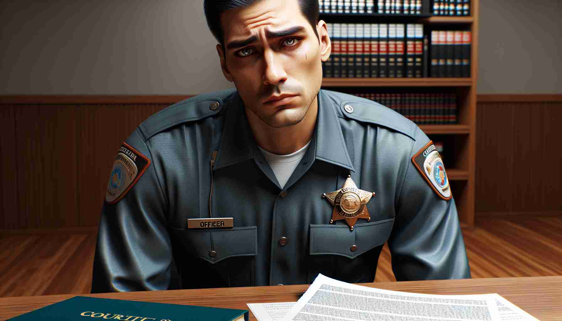 High definition, realistic picture of a former correctional officer who has been charged with assault and battery. The officer is wearing their uniform; their face shows regret and their eyes display a hint of fear. Their badge gleams under the overhead light of a courtroom. Nearby, legal documents related to the case are scattered on a wooden table.