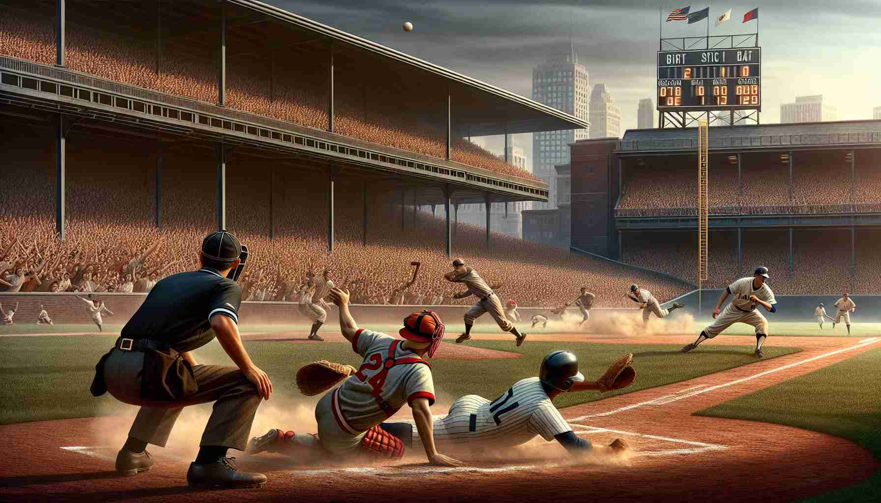 Generate a realistic high definition image depicting prominent and memorable moments in baseball history. Include a packed stadium, with the crowd cheering as a Middle-Eastern male pitcher throws a fast ball. In contrast, a Caucasian male batter prepares to swing, the tension palpable. Another memorable scene includes a Black female player sliding into home base with dust flying up around her, while an Asian male catcher, glove outstretched, is attempting to tag her. The scoreboard reads a close game, heightening the atmosphere of excitement within the stadium.