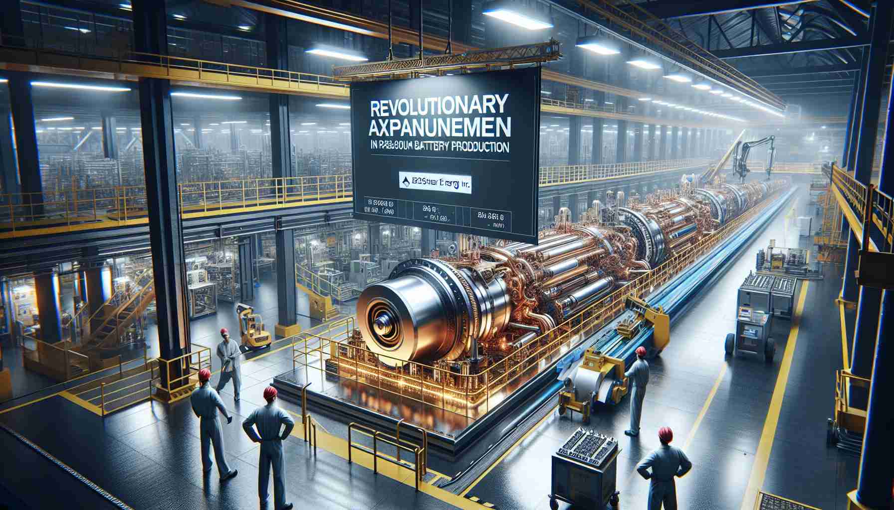 A highly detailed, high-resolution image that depicts a grand announcement banner for a company named 'NextStar Energy Inc.' flaunting a message about a revolutionary expansion in their battery production. The banner can be seen placed in an industrial setting with large machines and assembly lines in the background, symbolizing the factory where the increased production will take place. Some engineers, wearing hard hats and safety vests, are inspecting the machinery. Fluorescent lights illuminate the scene, casting glows on the polished metal surfaces of the machines.